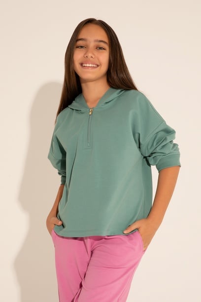 Kız Çocuk Mint Kapüşonlu Sweatshirt