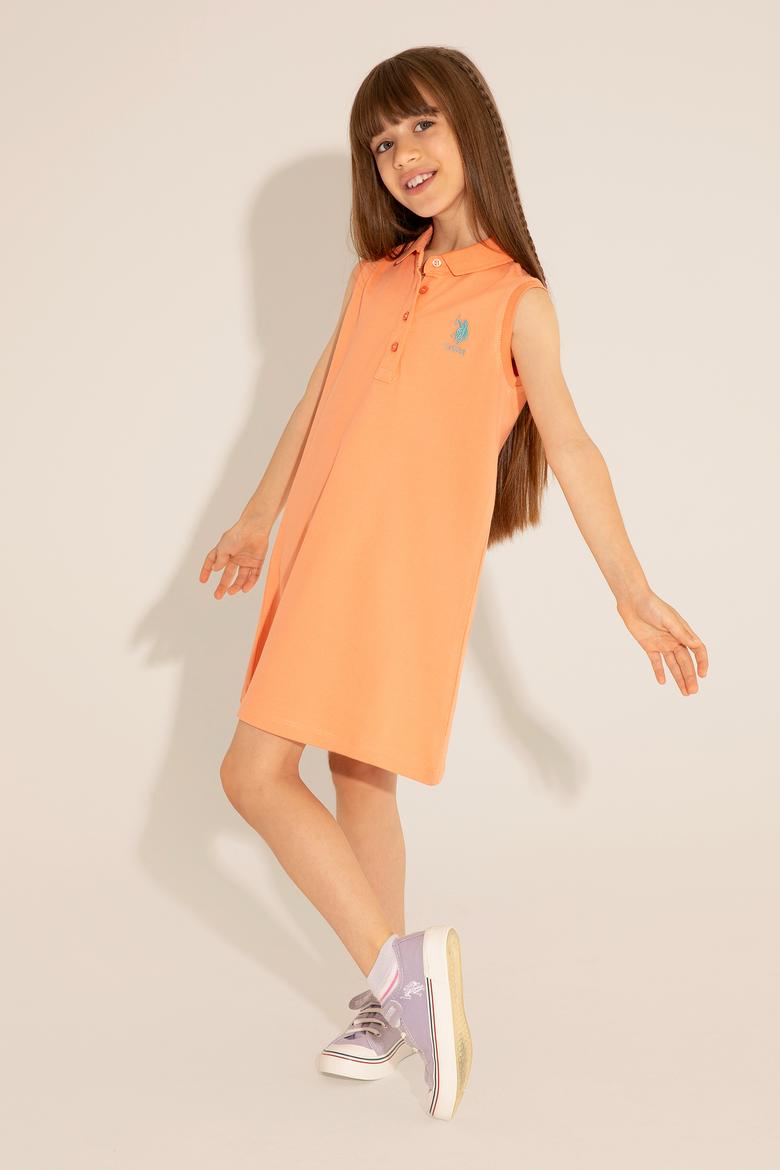 Kız Çocuk Somon Polo Yaka Kolsuz Örme Elbise - 50289282066