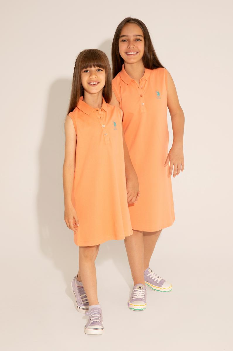 Kız Çocuk Somon Polo Yaka Kolsuz Örme Elbise