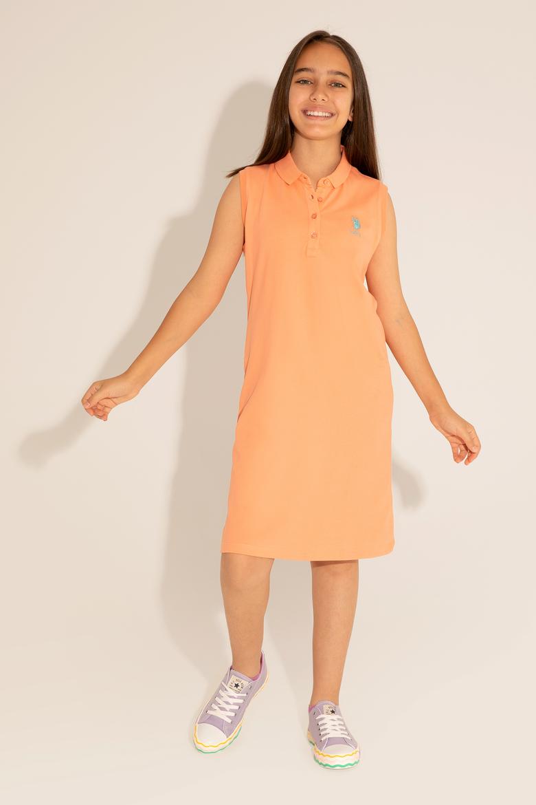 Kız Çocuk Somon Polo Yaka Kolsuz Örme Elbise - 50289282066