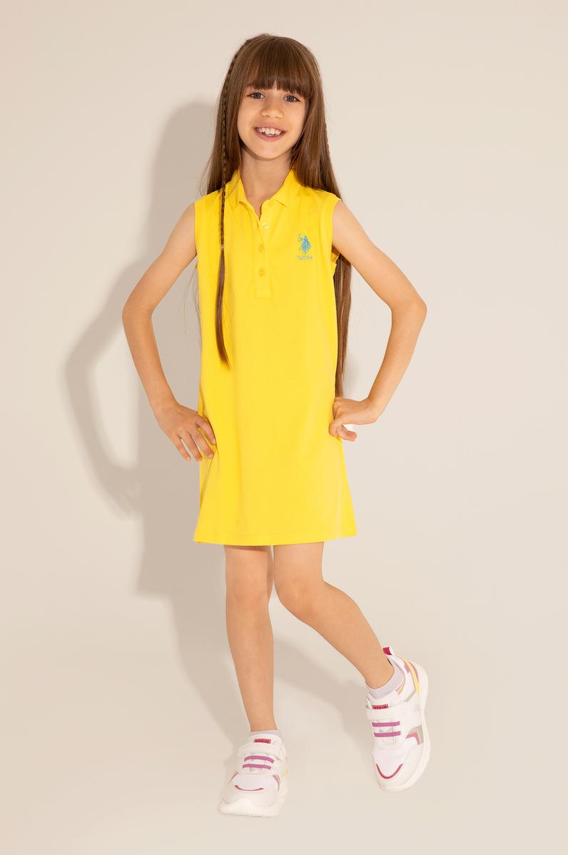 Kız Çocuk Sarı Polo Yaka Kolsuz Örme Elbise