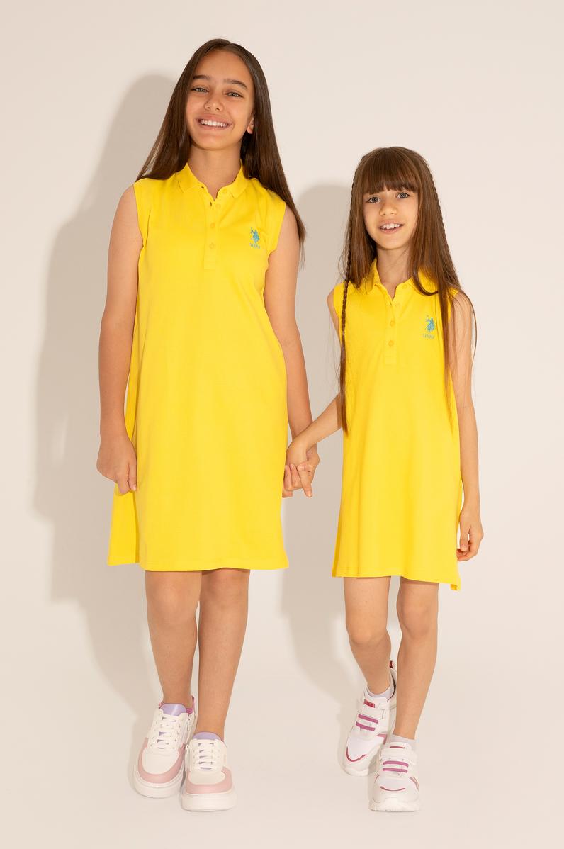 Kız Çocuk Sarı Polo Yaka Kolsuz Örme Elbise