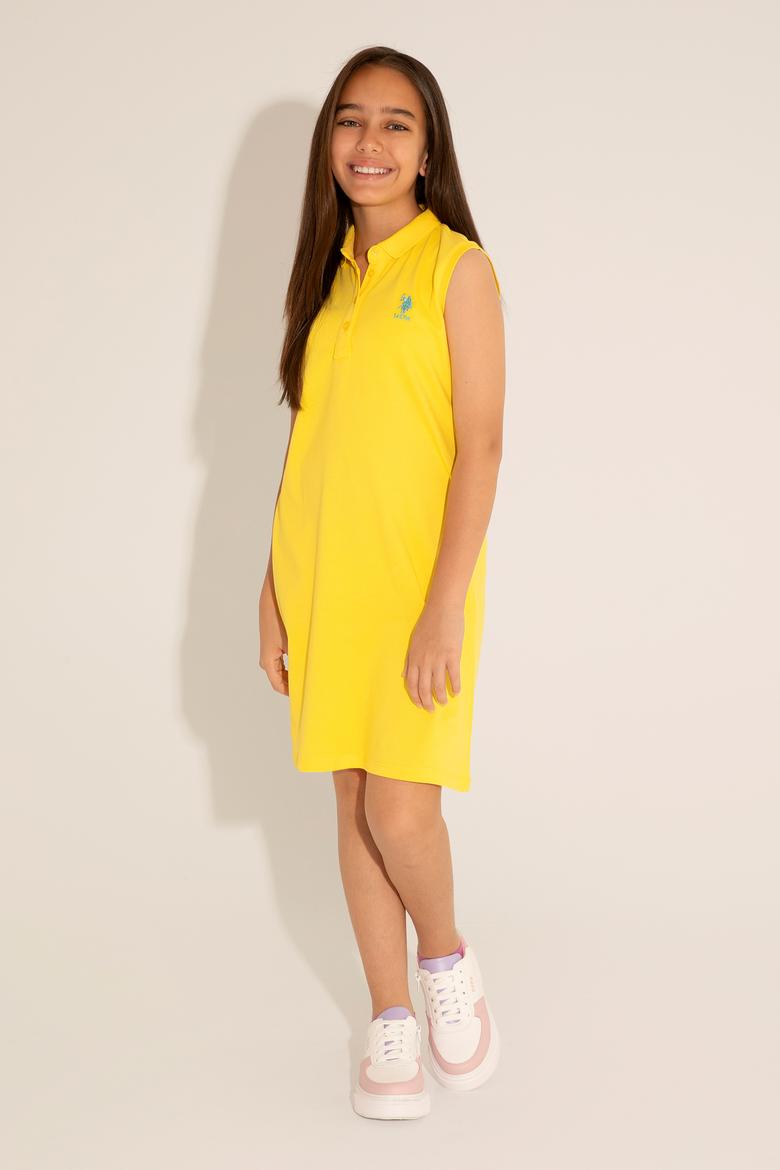 Kız Çocuk Sarı Polo Yaka Kolsuz Örme Elbise - 50289282081