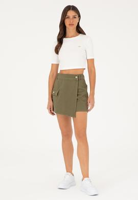 Kadın Ekru Bisiklet Yaka Crop Tişört - 50281813006