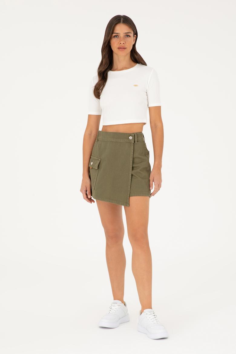 Kadın Ekru Bisiklet Yaka Crop Tişört - 50281813006