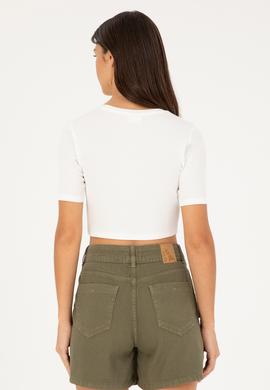 Kadın Ekru Bisiklet Yaka Crop Tişört - 50281813006