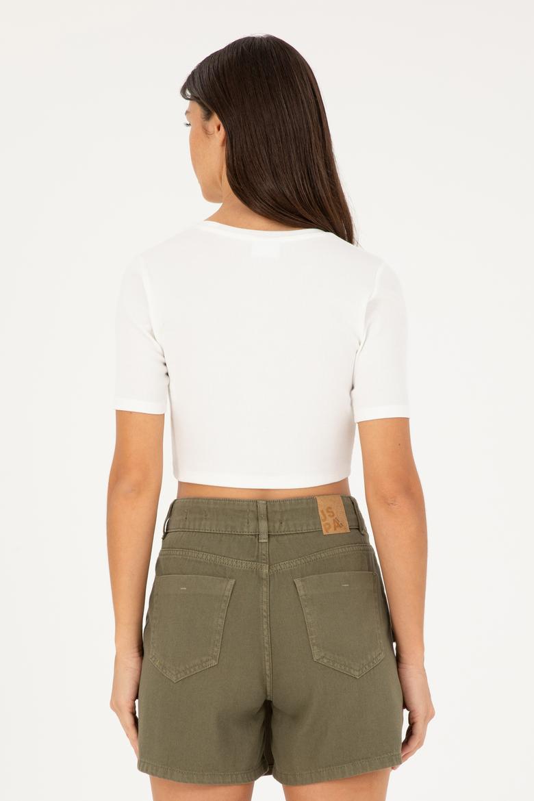 Kadın Ekru Bisiklet Yaka Crop Tişört - 50281813006