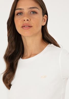 Kadın Ekru Bisiklet Yaka Crop Tişört - 50281813006