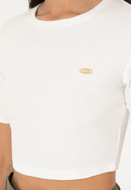 Kadın Ekru Bisiklet Yaka Crop Tişört - 50281813006