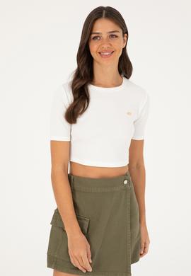 Kadın Ekru Bisiklet Yaka Crop Tişört - 50281813006