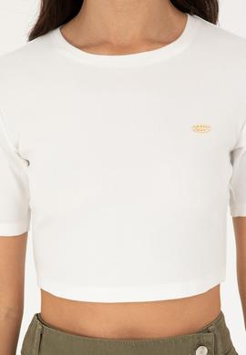 Kadın Ekru Bisiklet Yaka Crop Tişört - 50281813006