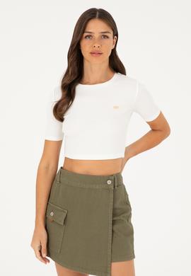 Kadın Ekru Bisiklet Yaka Crop Tişört - 50281813006