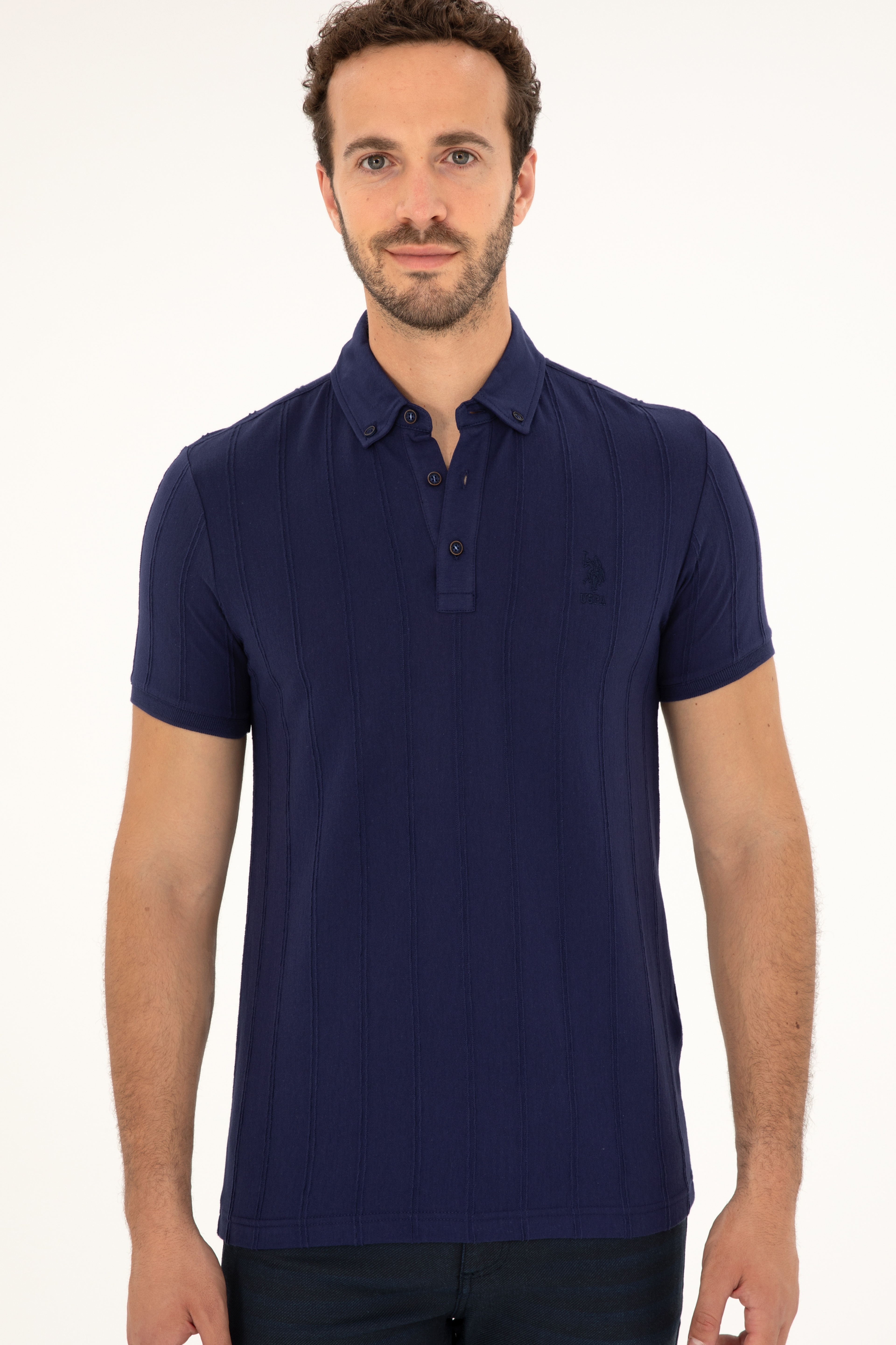 Erkek Slim Fit Polo Yaka Lacivert Tişört - Image 3
