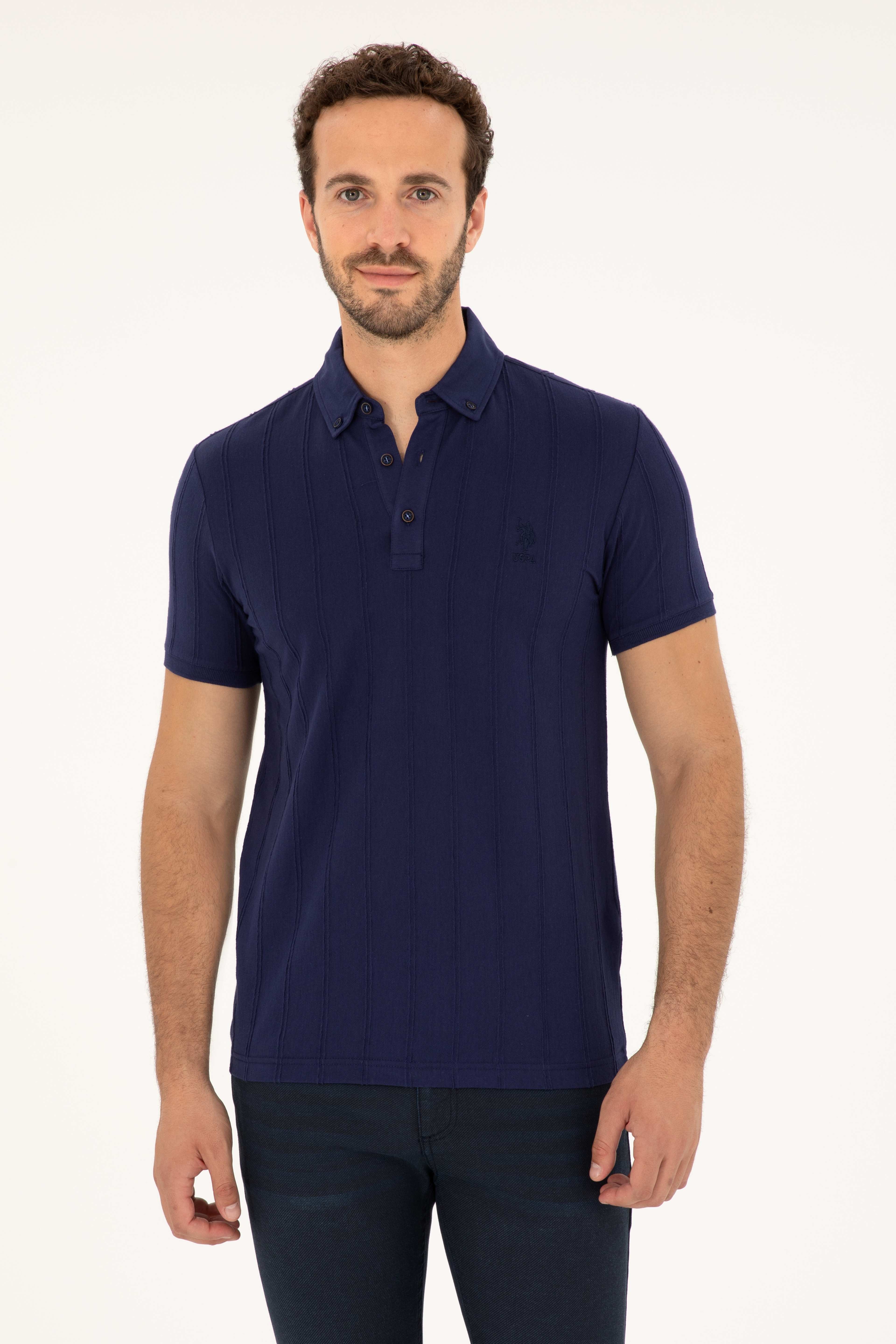 Erkek Slim Fit Polo Yaka Lacivert Tişört - Image 1