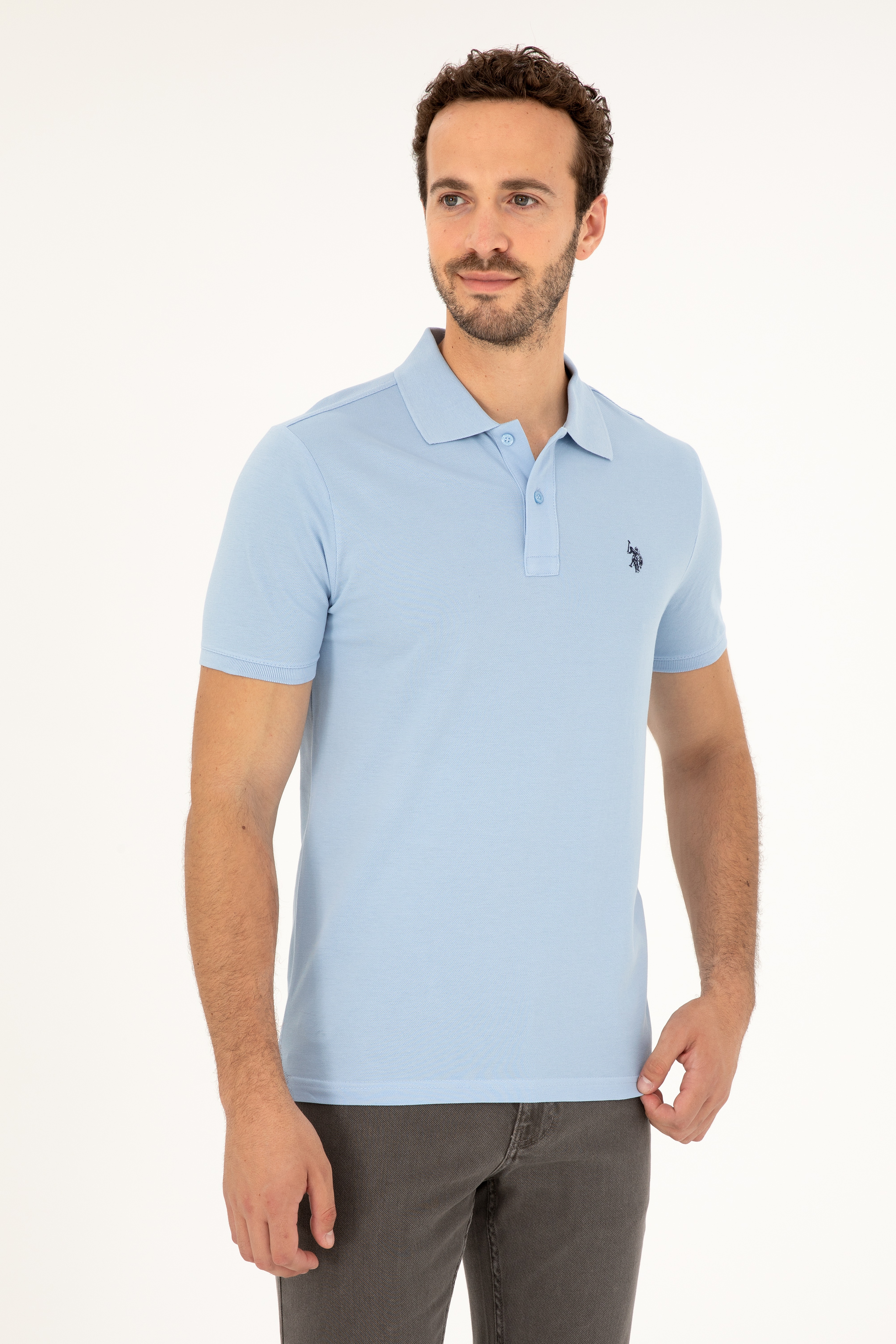 Erkek Slim Fit Polo Yaka Açık Mavi Basic Tişört - Image 1