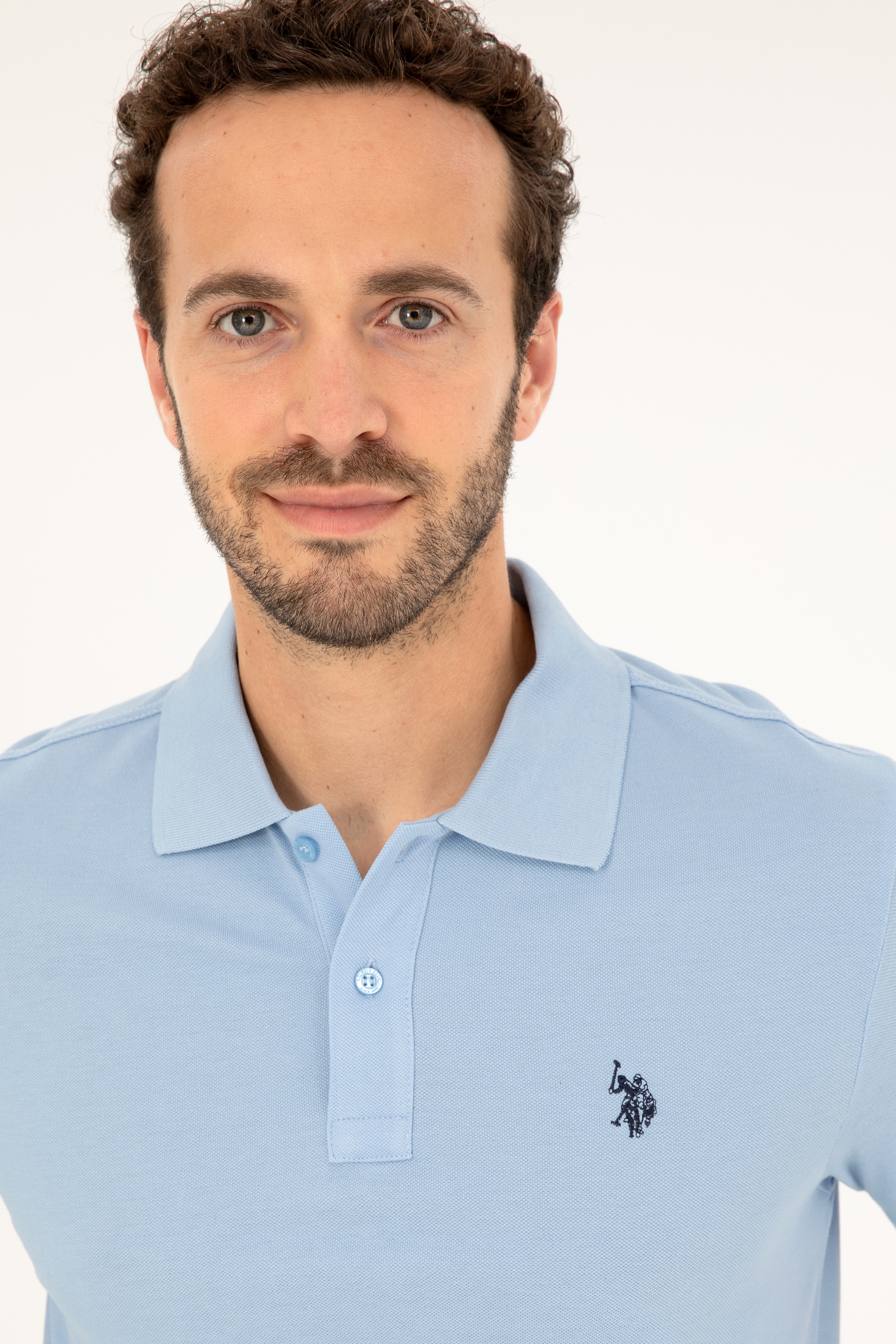 Erkek Slim Fit Polo Yaka Açık Mavi Basic Tişört
