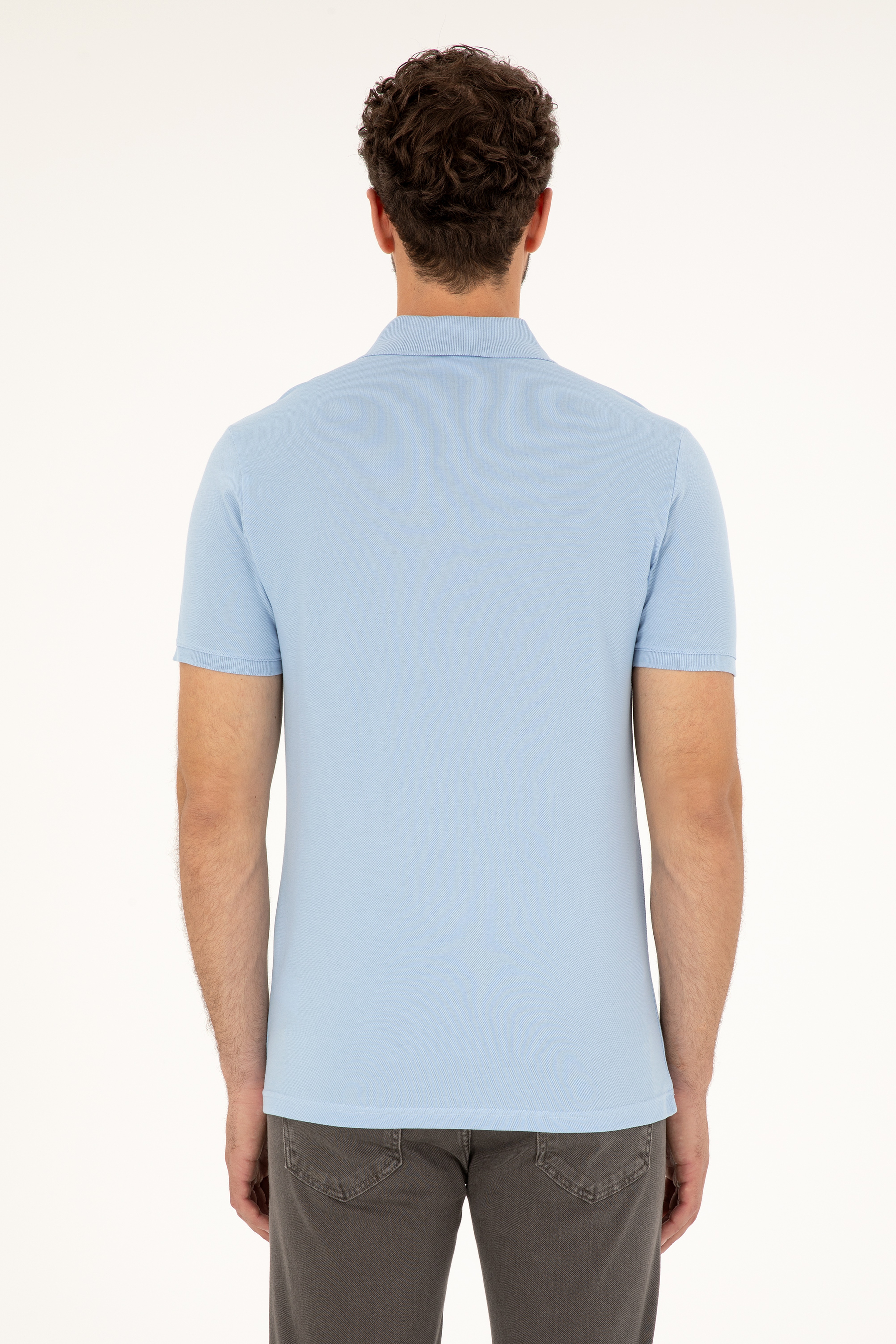 Erkek Slim Fit Polo Yaka Açık Mavi Basic Tişört - Image 5