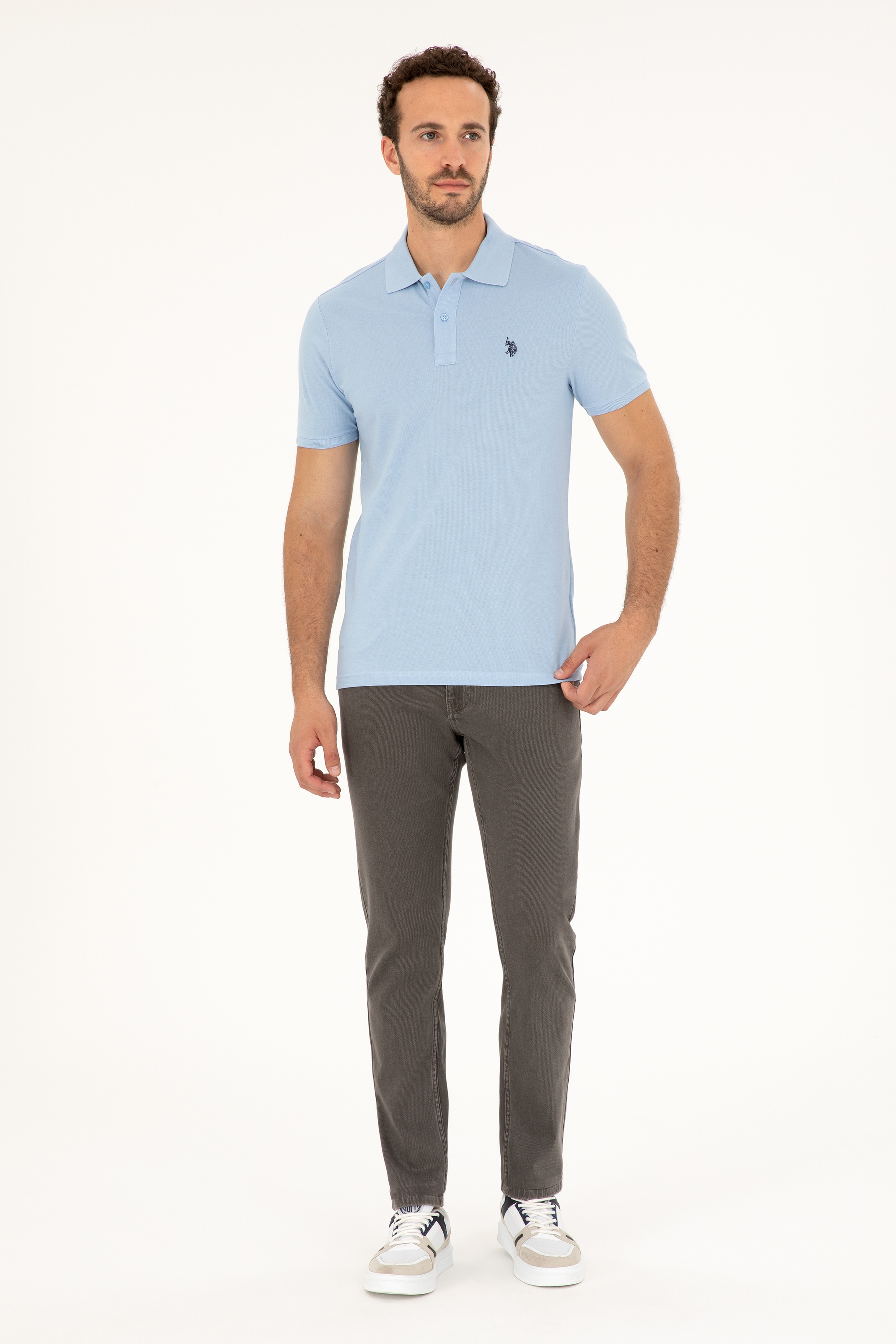 Erkek Slim Fit Polo Yaka Açık Mavi Basic Tişört