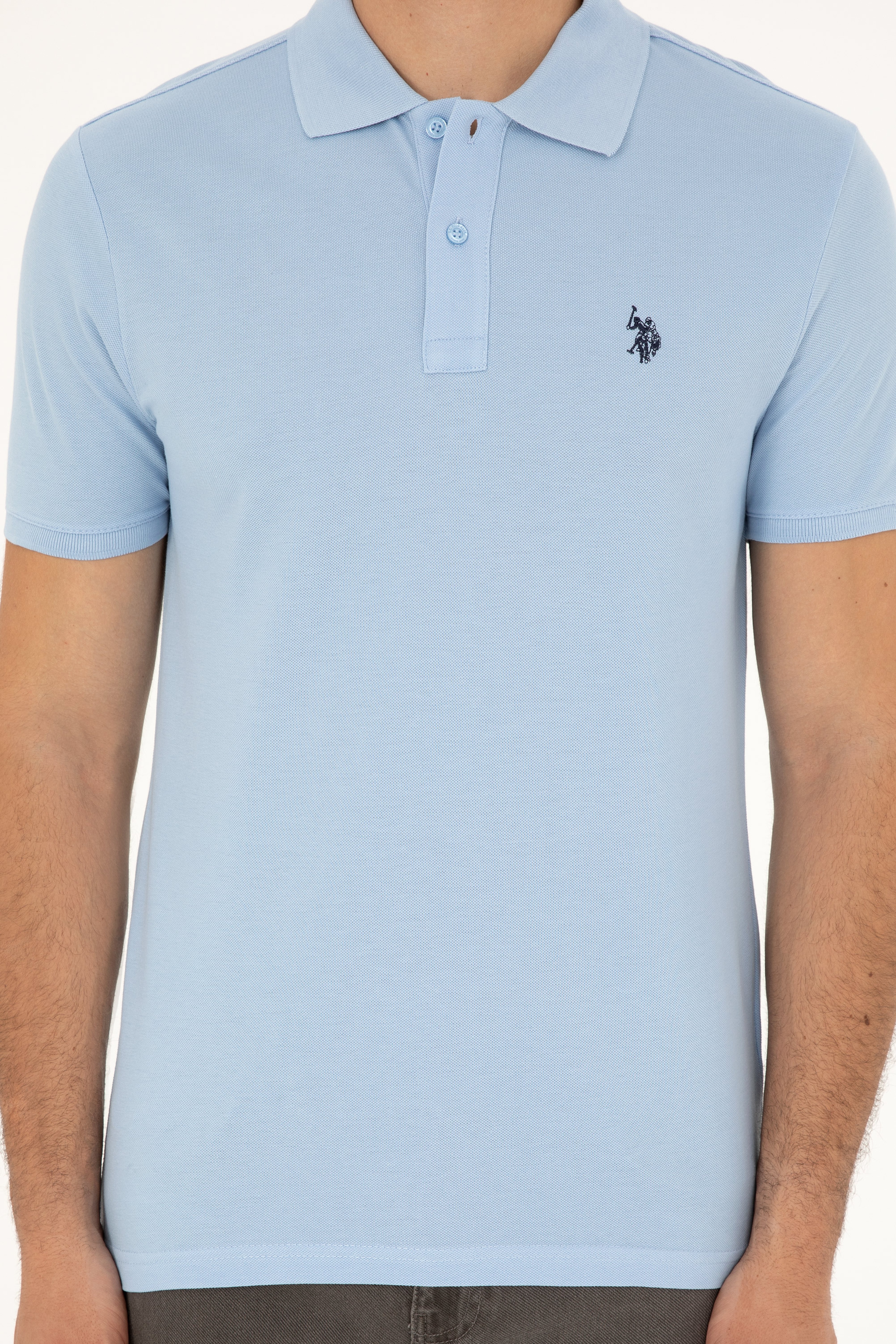 Erkek Slim Fit Polo Yaka Açık Mavi Basic Tişört - Image 6