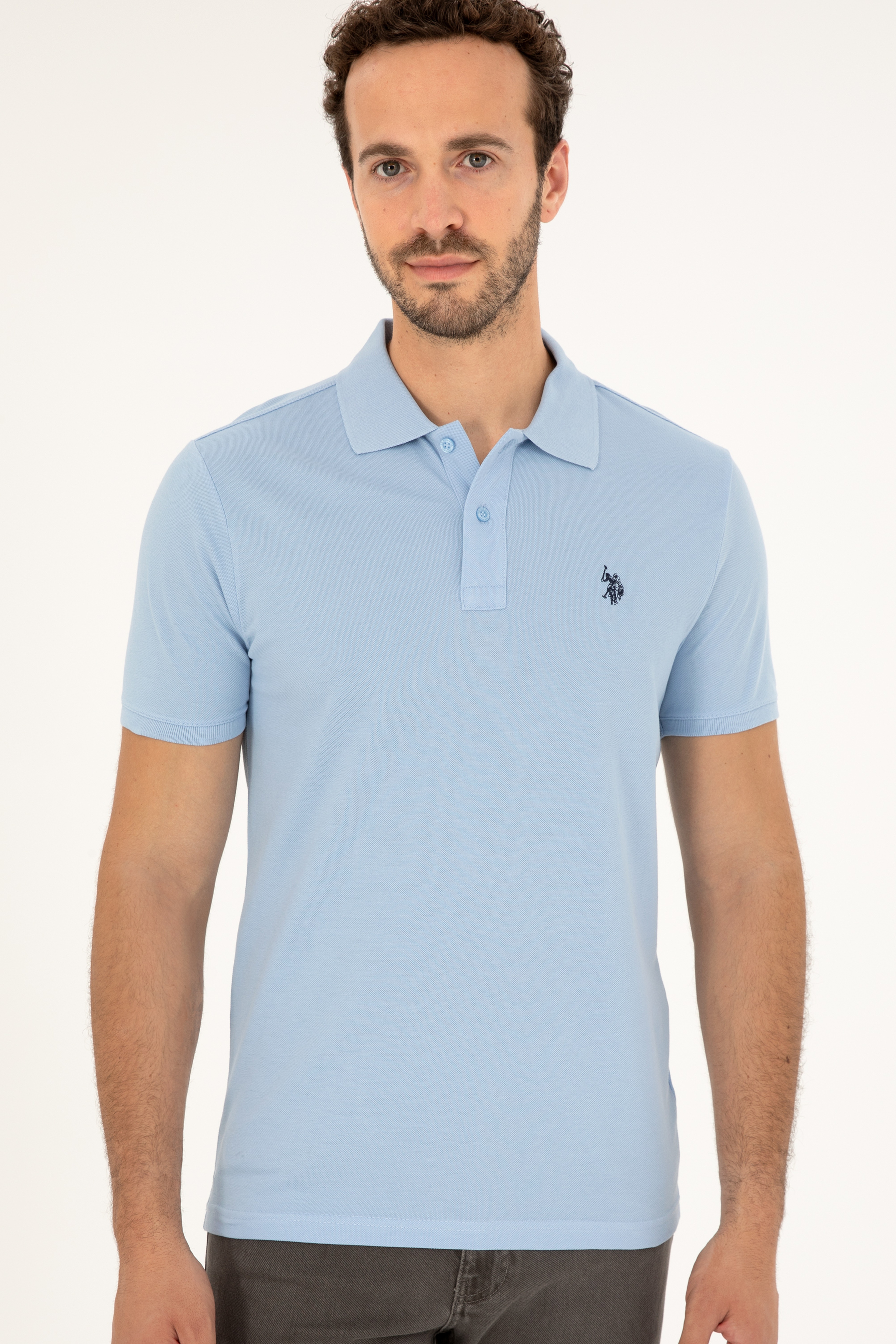 Erkek Slim Fit Polo Yaka Açık Mavi Basic Tişört - Image 3