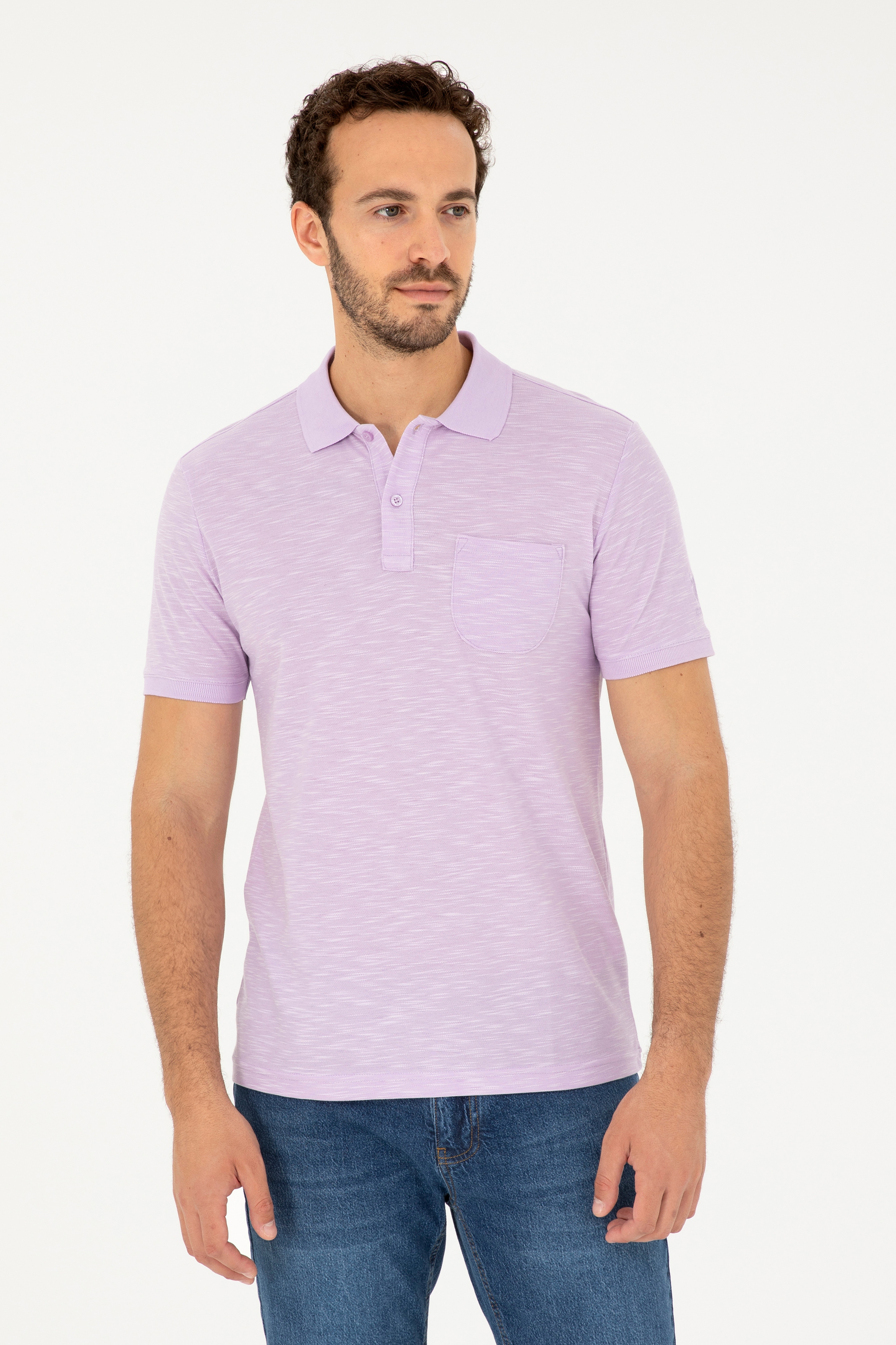 Erkek Slim Fit Polo Yaka Lila Tişört - Image 1