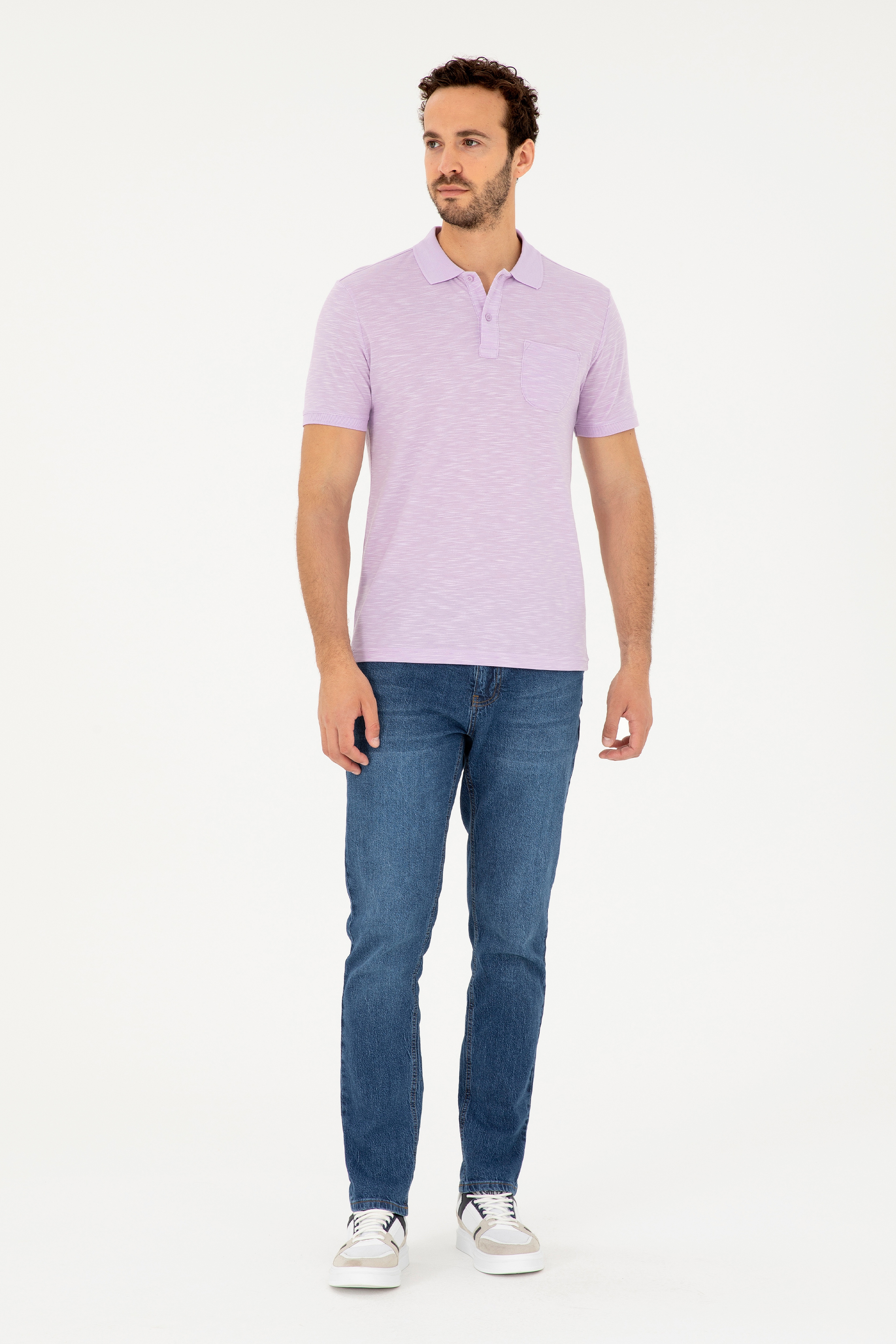 Erkek Slim Fit Polo Yaka Lila Tişört