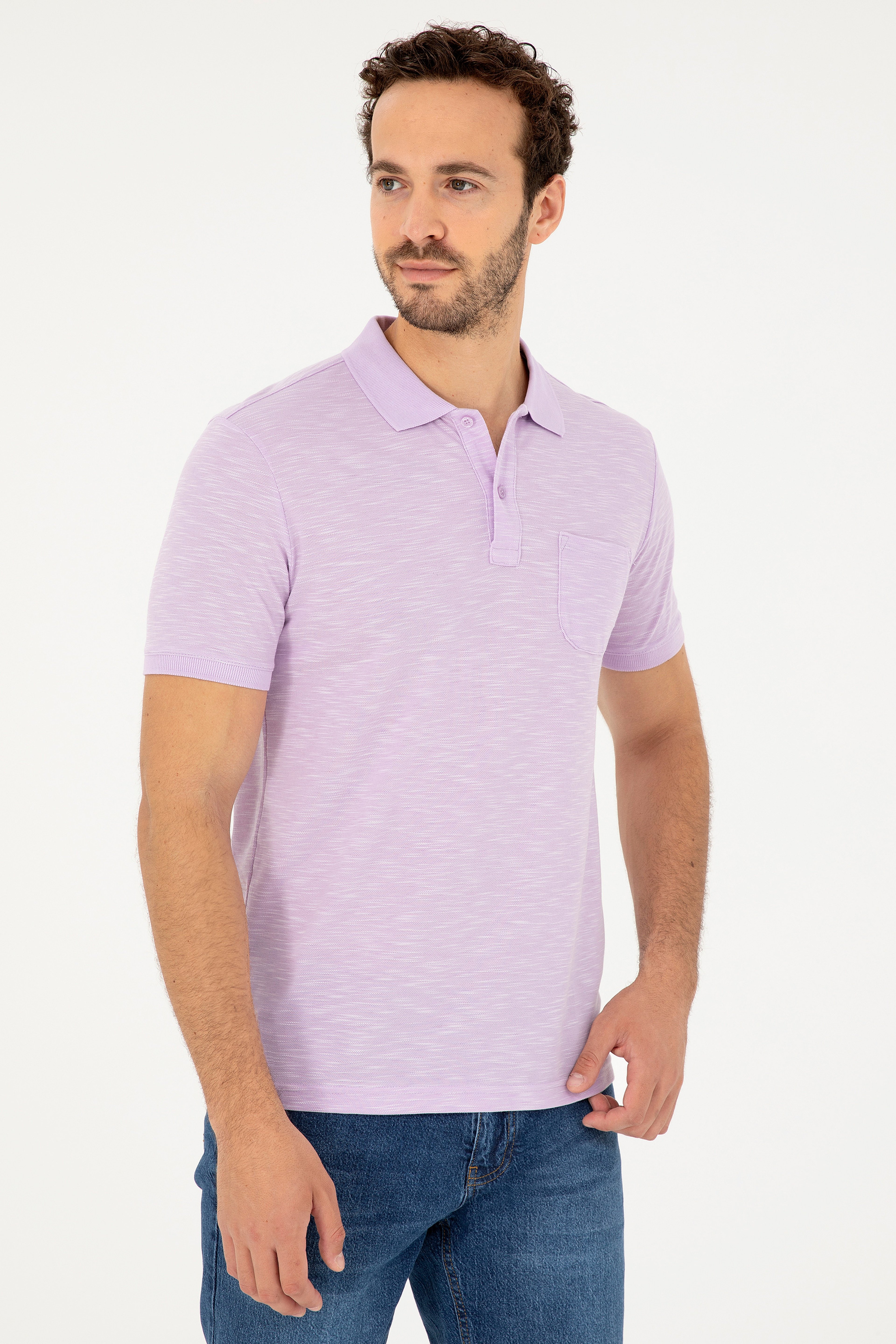 Erkek Slim Fit Polo Yaka Lila Tişört