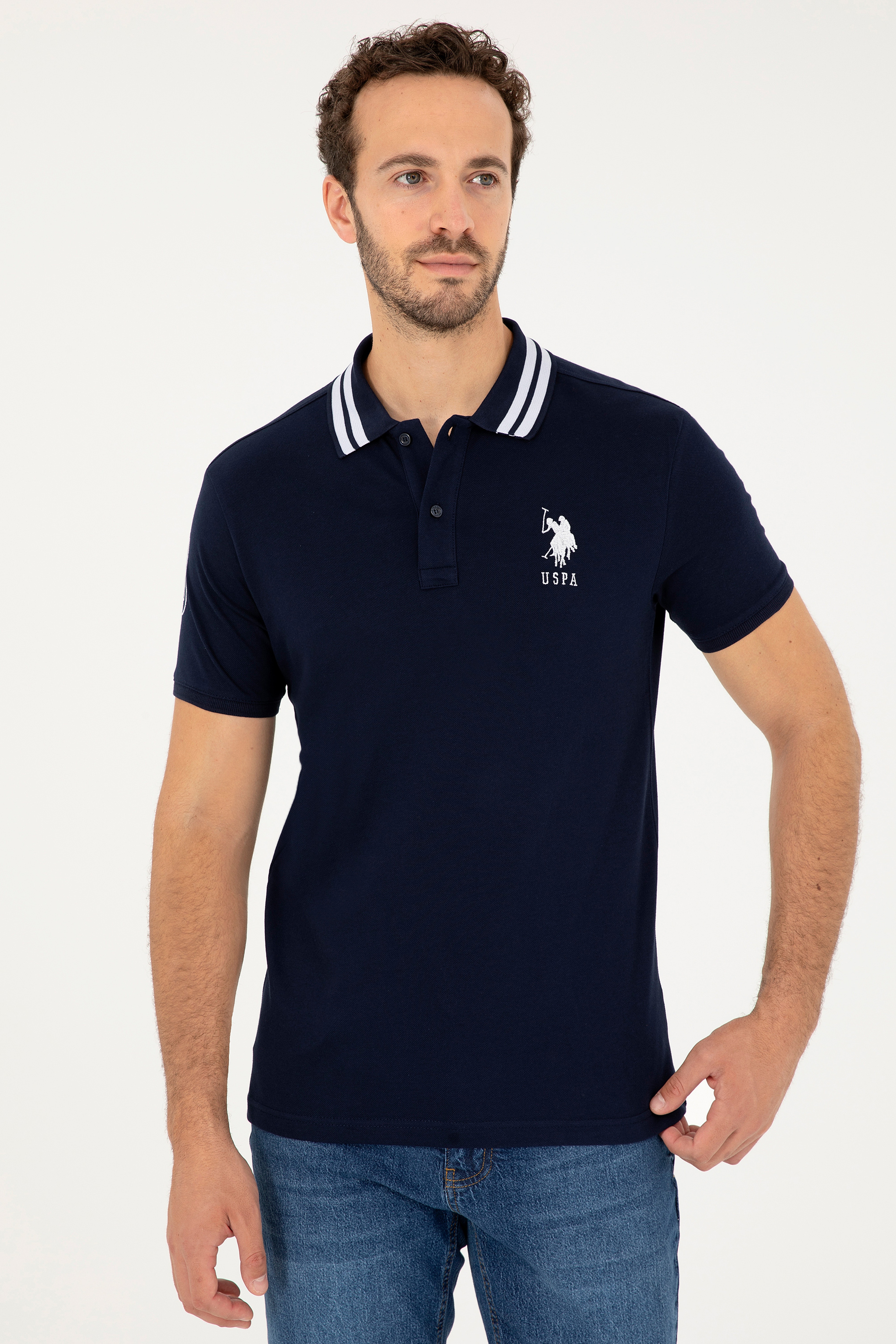 Erkek Slim Fit Polo Yaka Lacivert Basic Tişört - Image 3