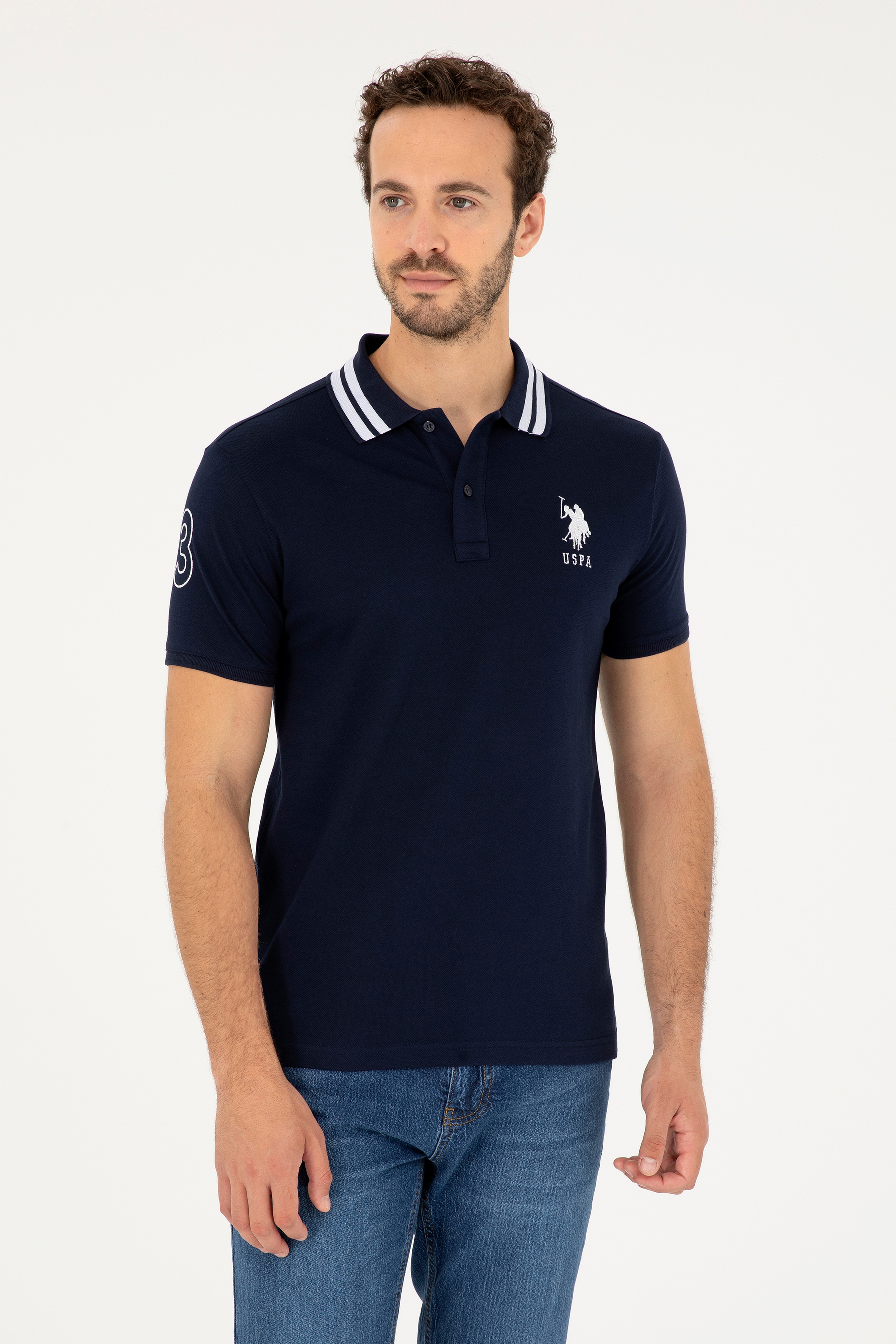Erkek Slim Fit Polo Yaka Lacivert Basic Tişört - Image 1