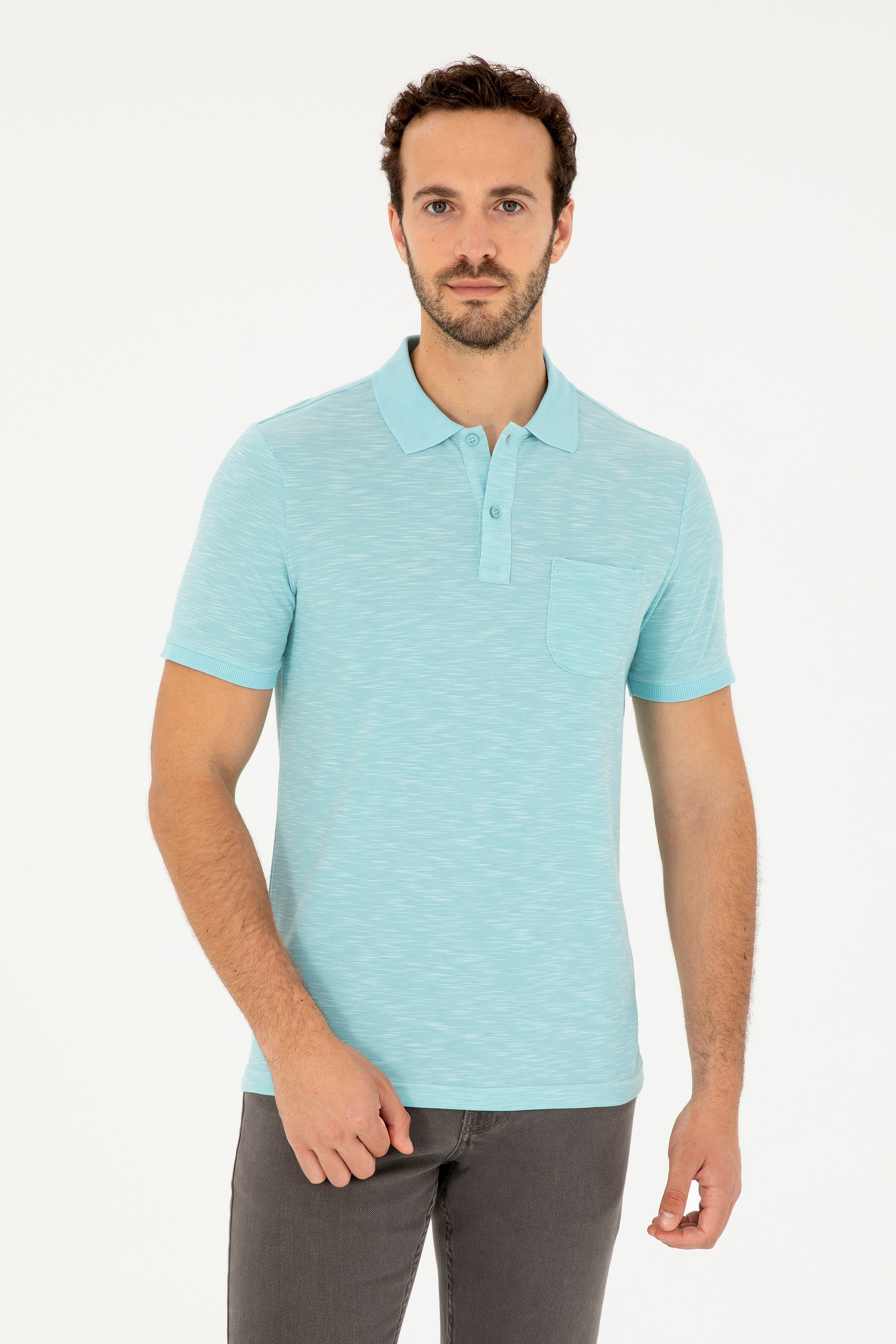 Erkek Slim Fit Polo Yaka Mint Tişört - Image 1