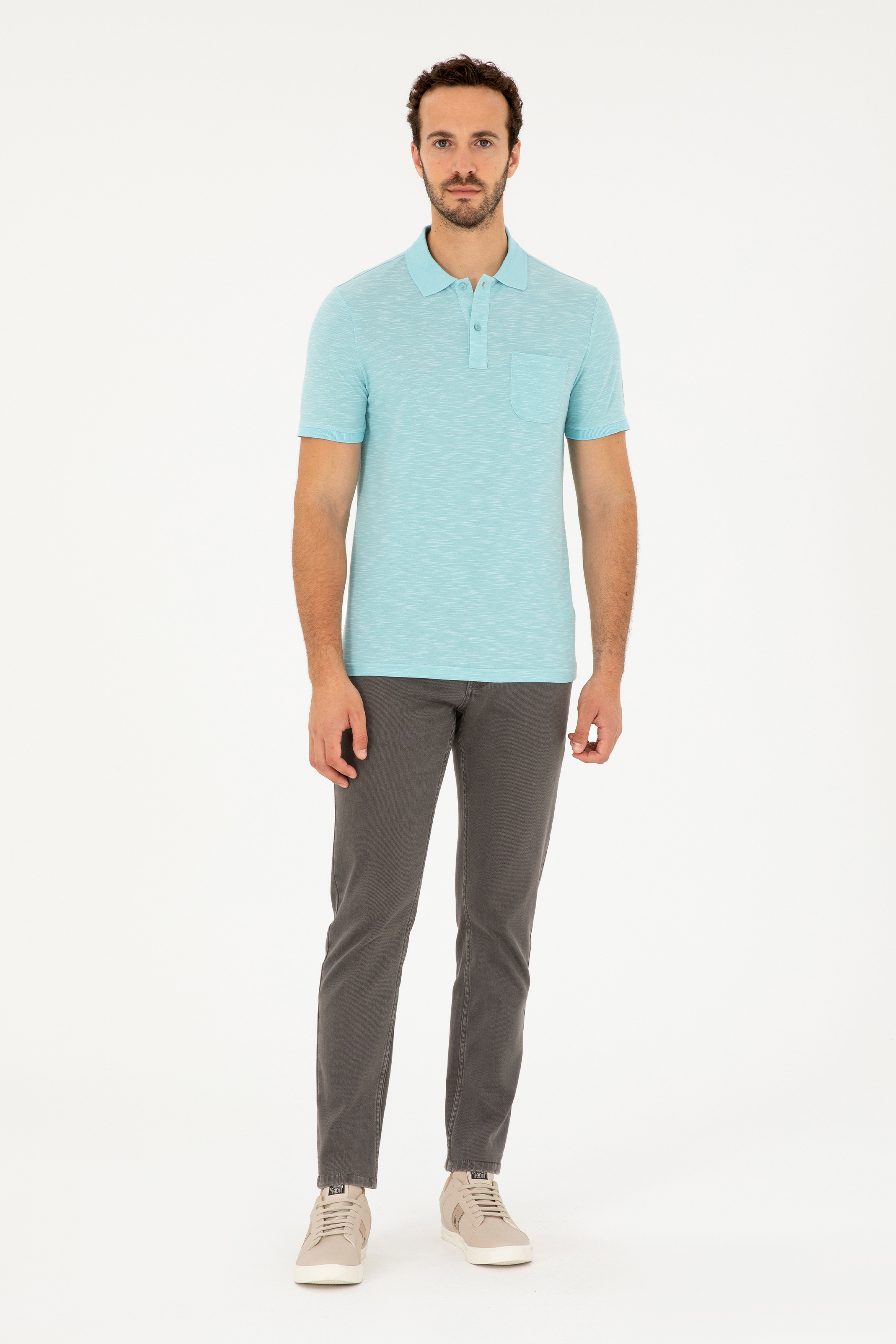 Erkek Slim Fit Polo Yaka Mint Tişört - Image 4