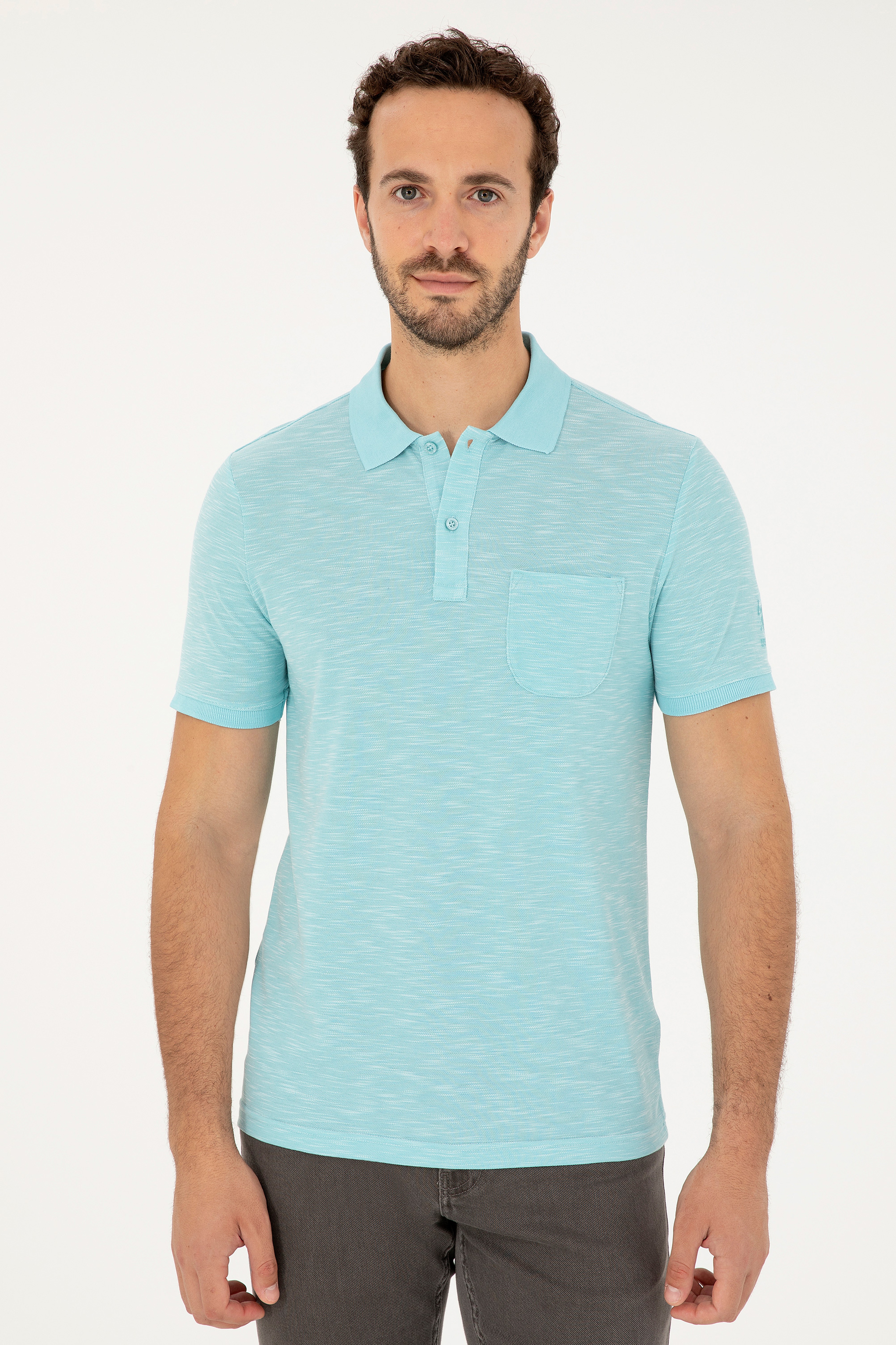 Erkek Slim Fit Polo Yaka Mint Tişört - Image 3