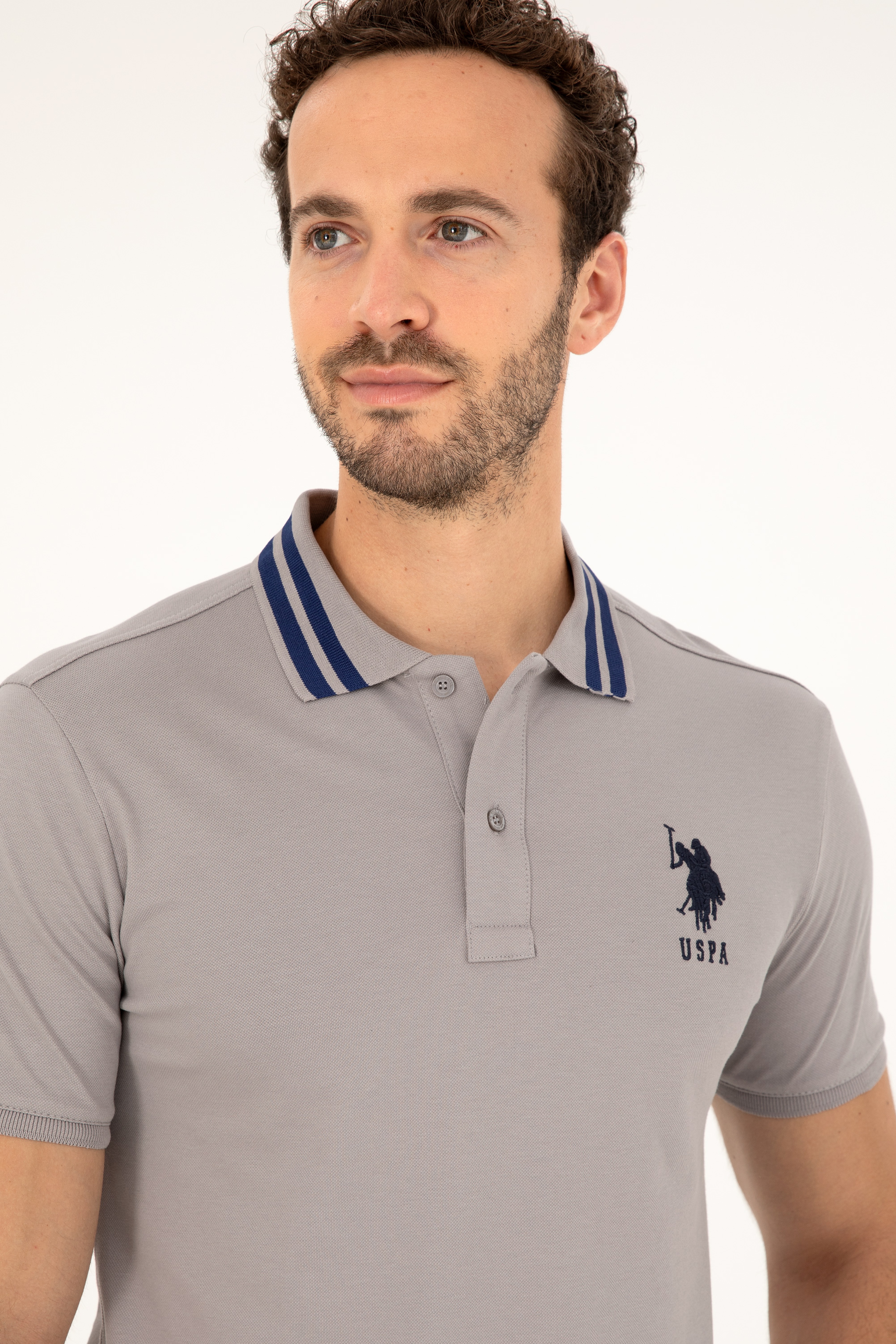 Erkek Slim Fit Polo Yaka Koyu Gri Basic Tişört