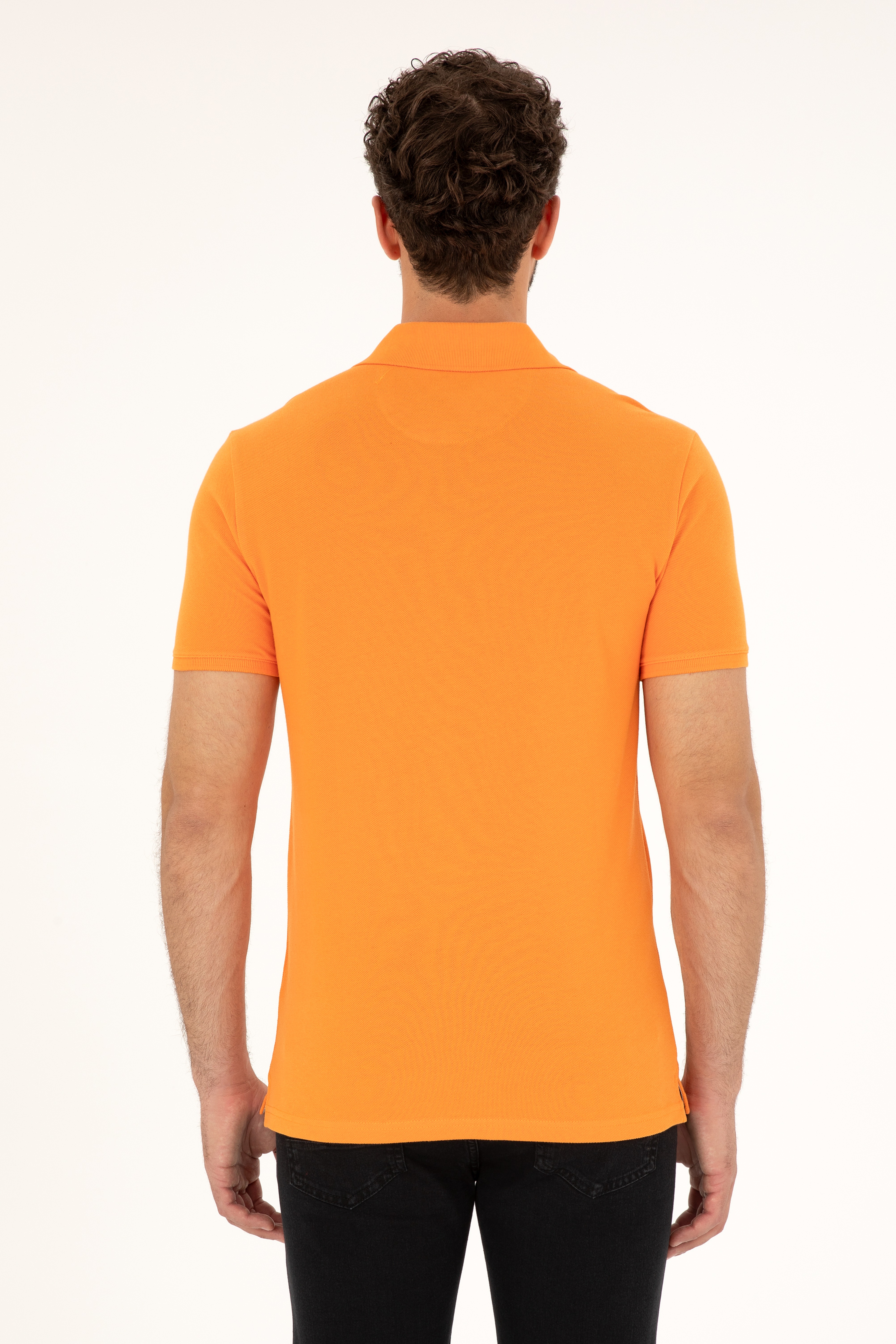Erkek Slim Fit Polo Yaka Turuncu Basic Tişört - Image 5