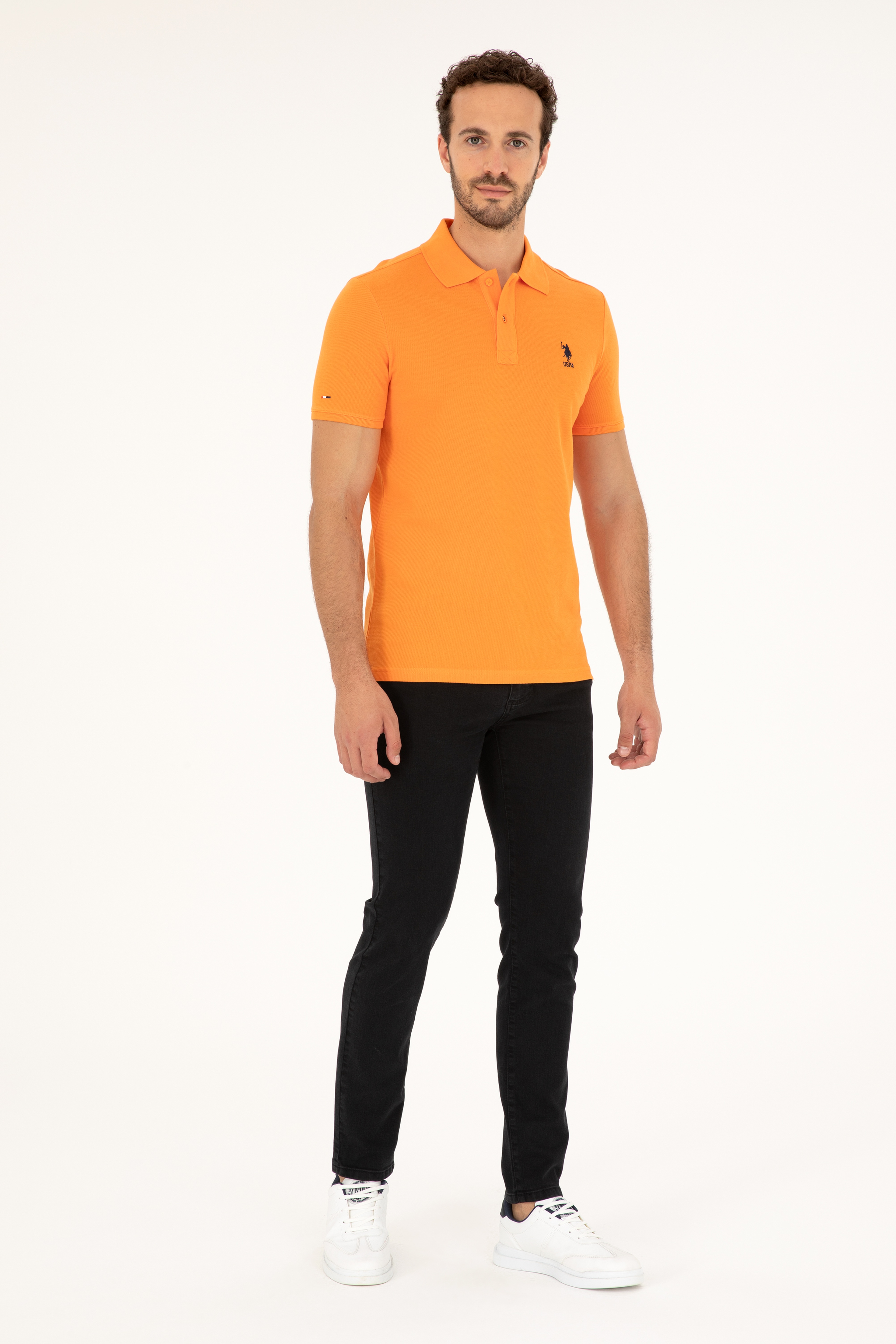 Erkek Slim Fit Polo Yaka Turuncu Basic Tişört