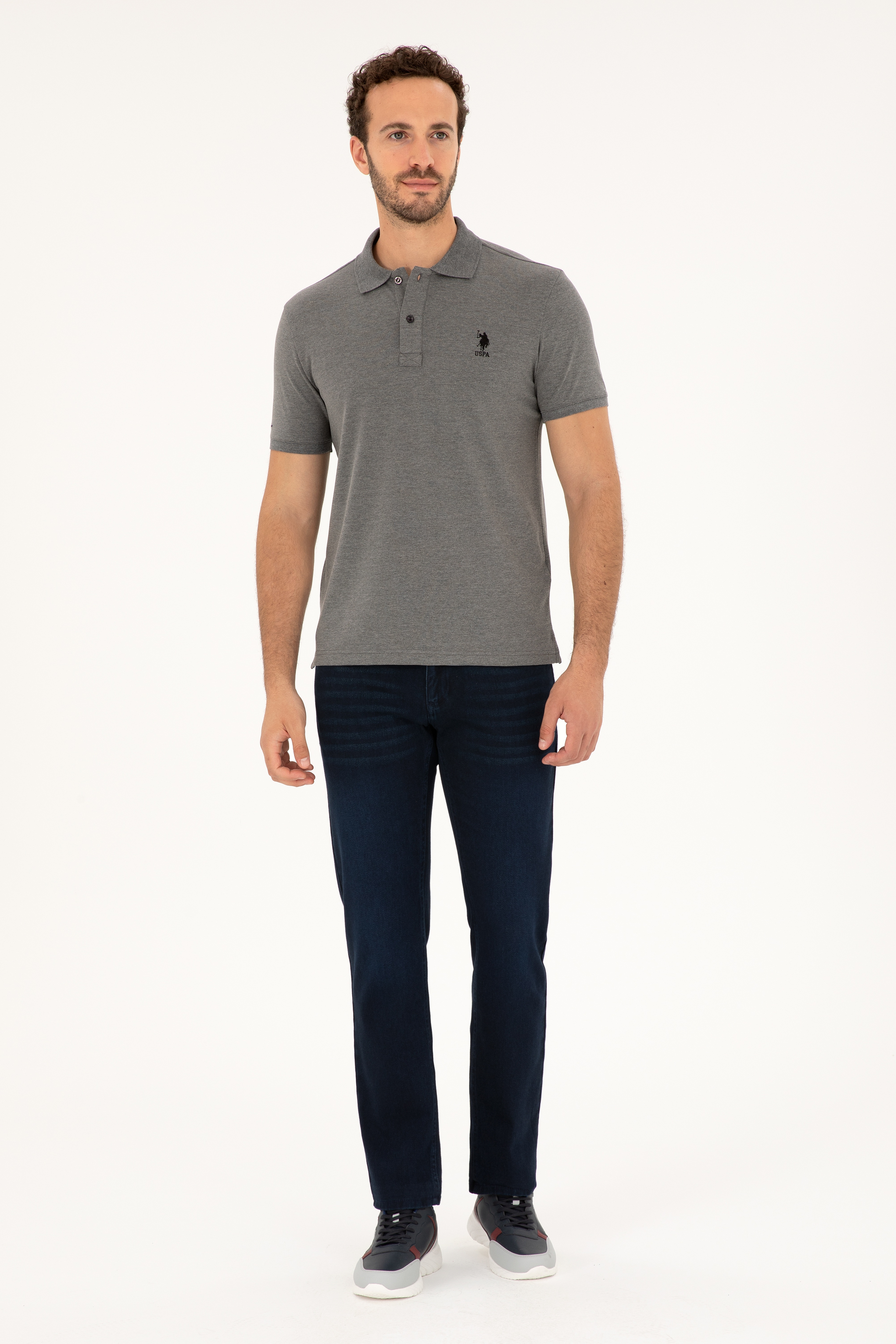 Erkek Slim Fit Polo Yaka Antrasit Melanj Basic Tişört - Image 4