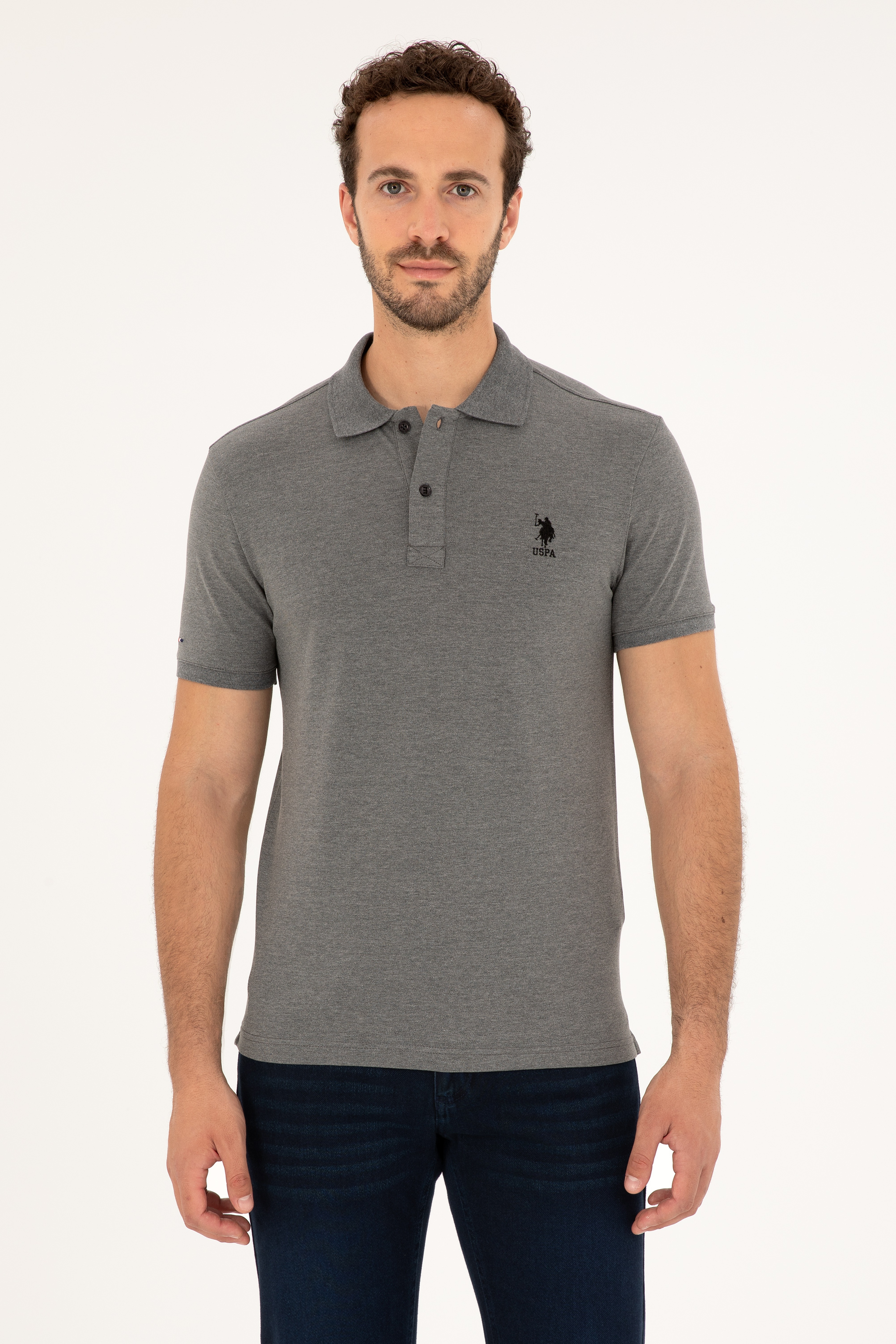 Erkek Slim Fit Polo Yaka Antrasit Melanj Basic Tişört - Image 1
