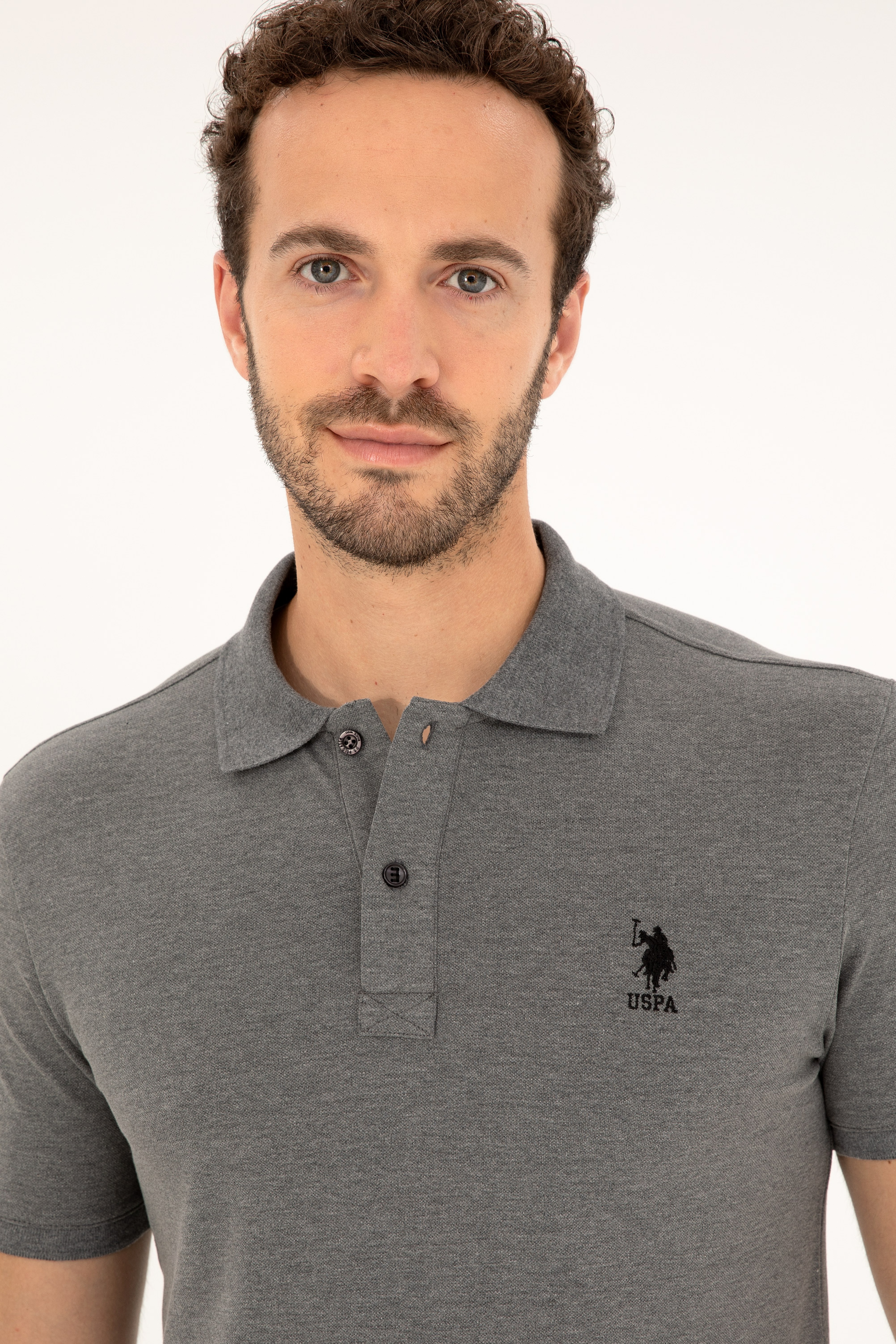 Erkek Slim Fit Polo Yaka Antrasit Melanj Basic Tişört