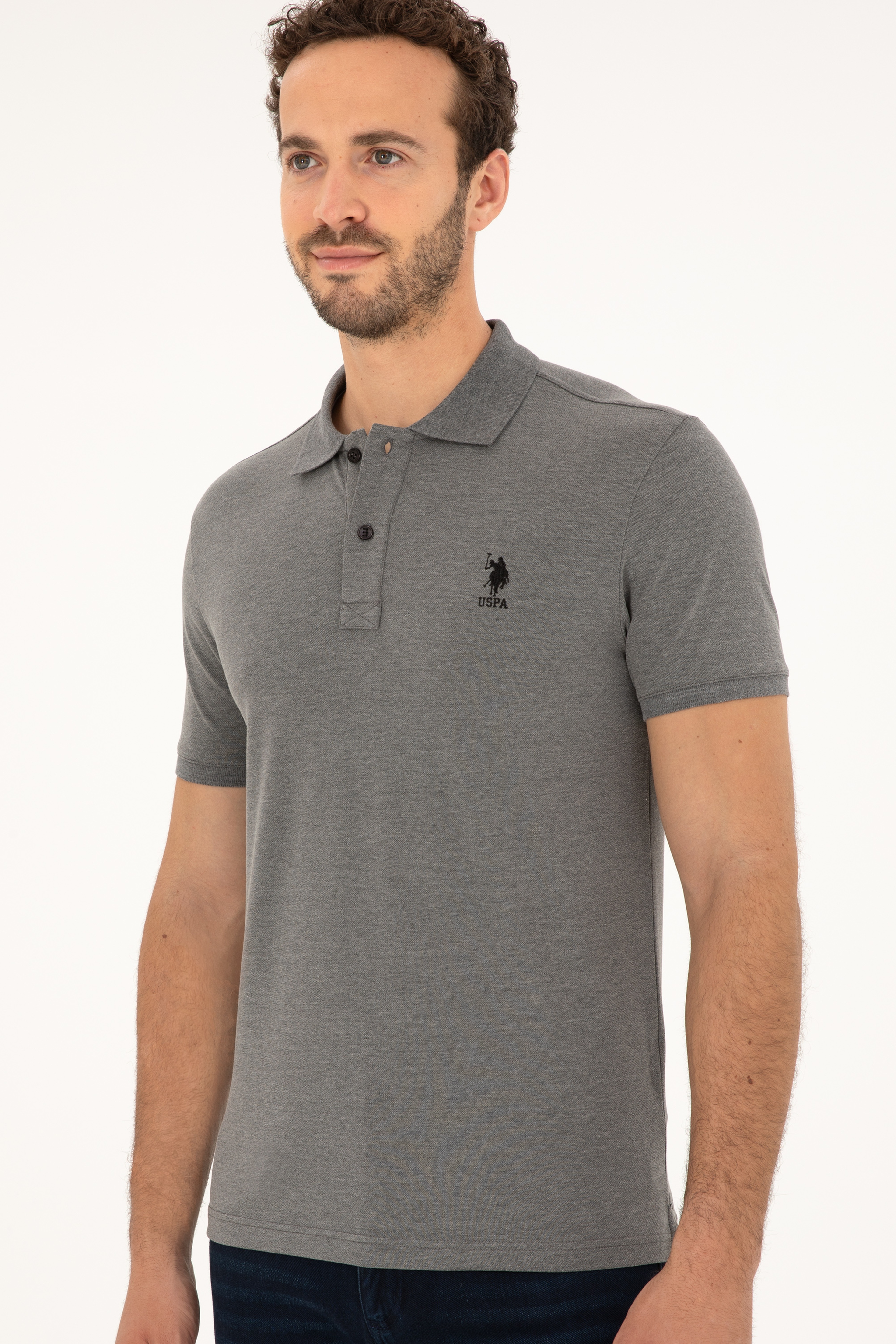 Erkek Slim Fit Polo Yaka Antrasit Melanj Basic Tişört - Image 3