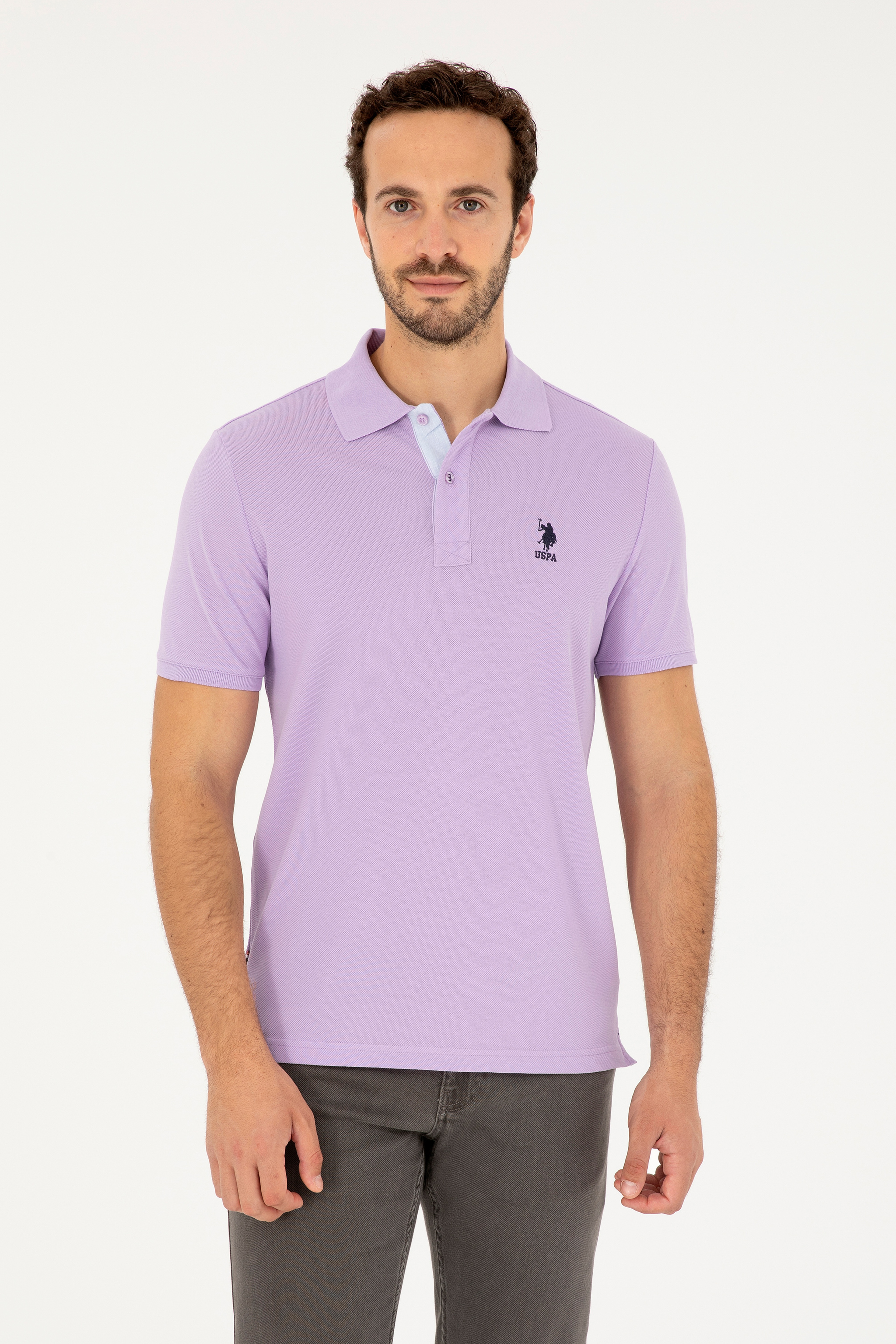 Erkek Regular Fit Polo Yaka Lila Basic Tişört - Image 1