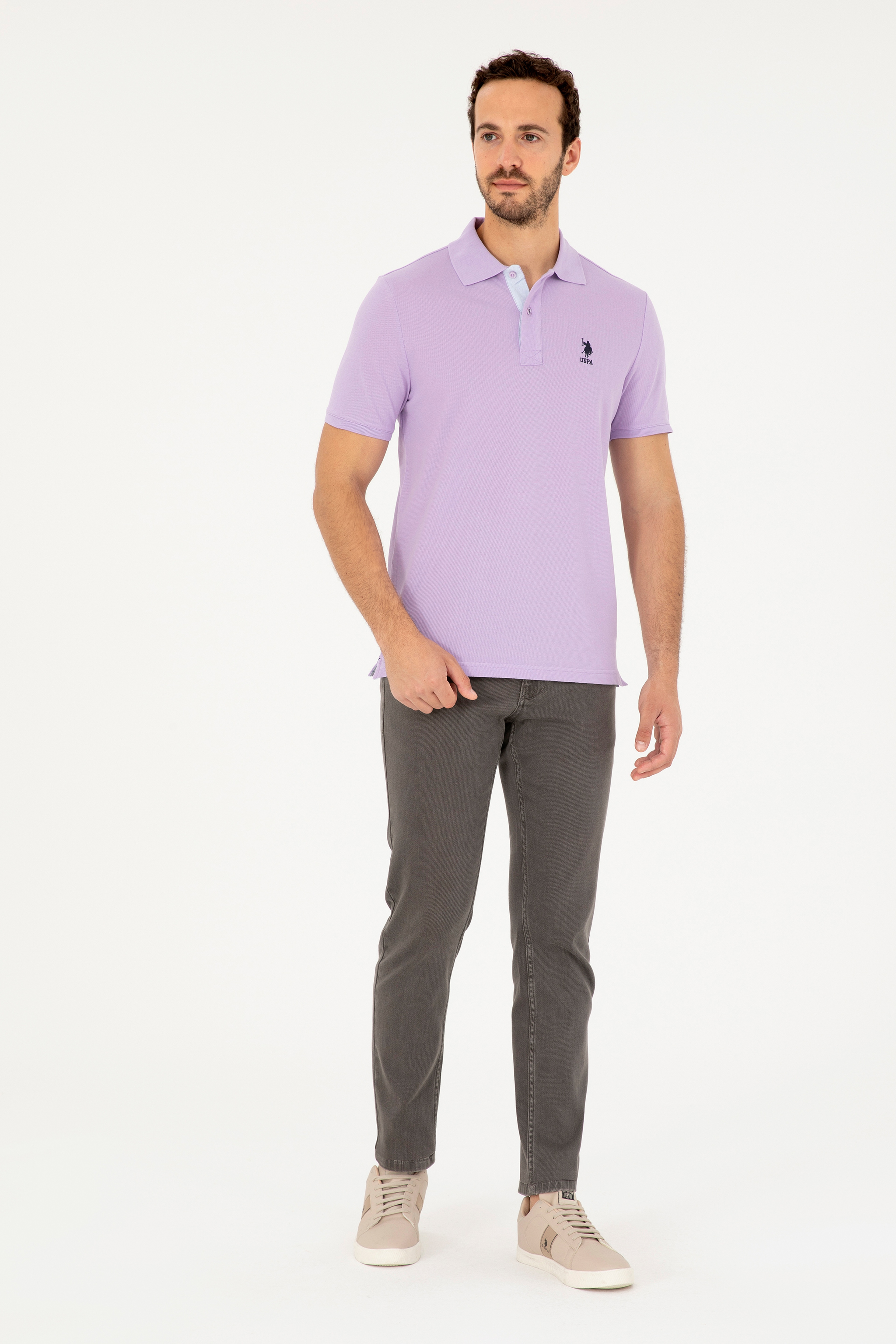 Erkek Regular Fit Polo Yaka Lila Basic Tişört - Image 4