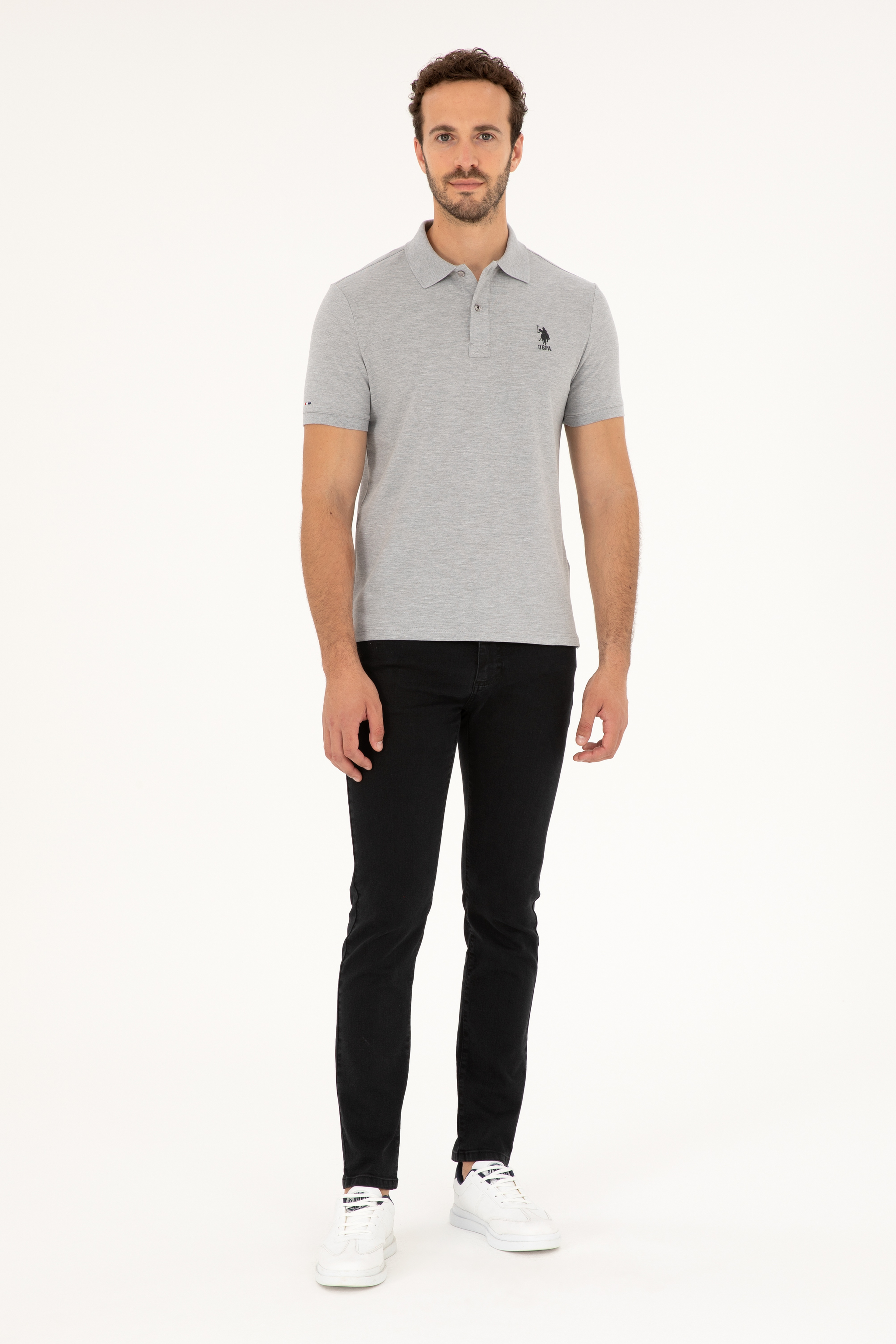 Erkek Slim Fit Polo Yaka Gri Melanj Basic Tişört - Image 4