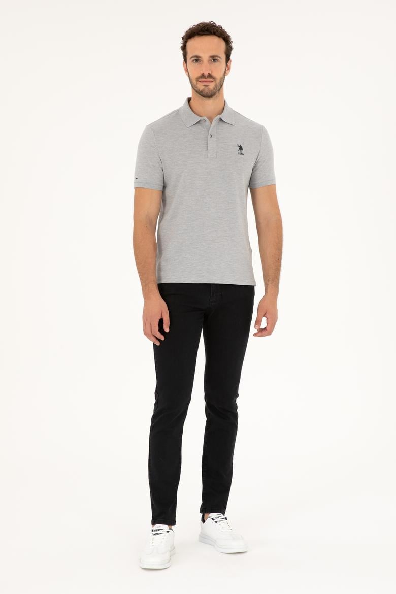 Erkek Slim Fit Polo Yaka Gri Melanj Basic Tişört - 50279581029