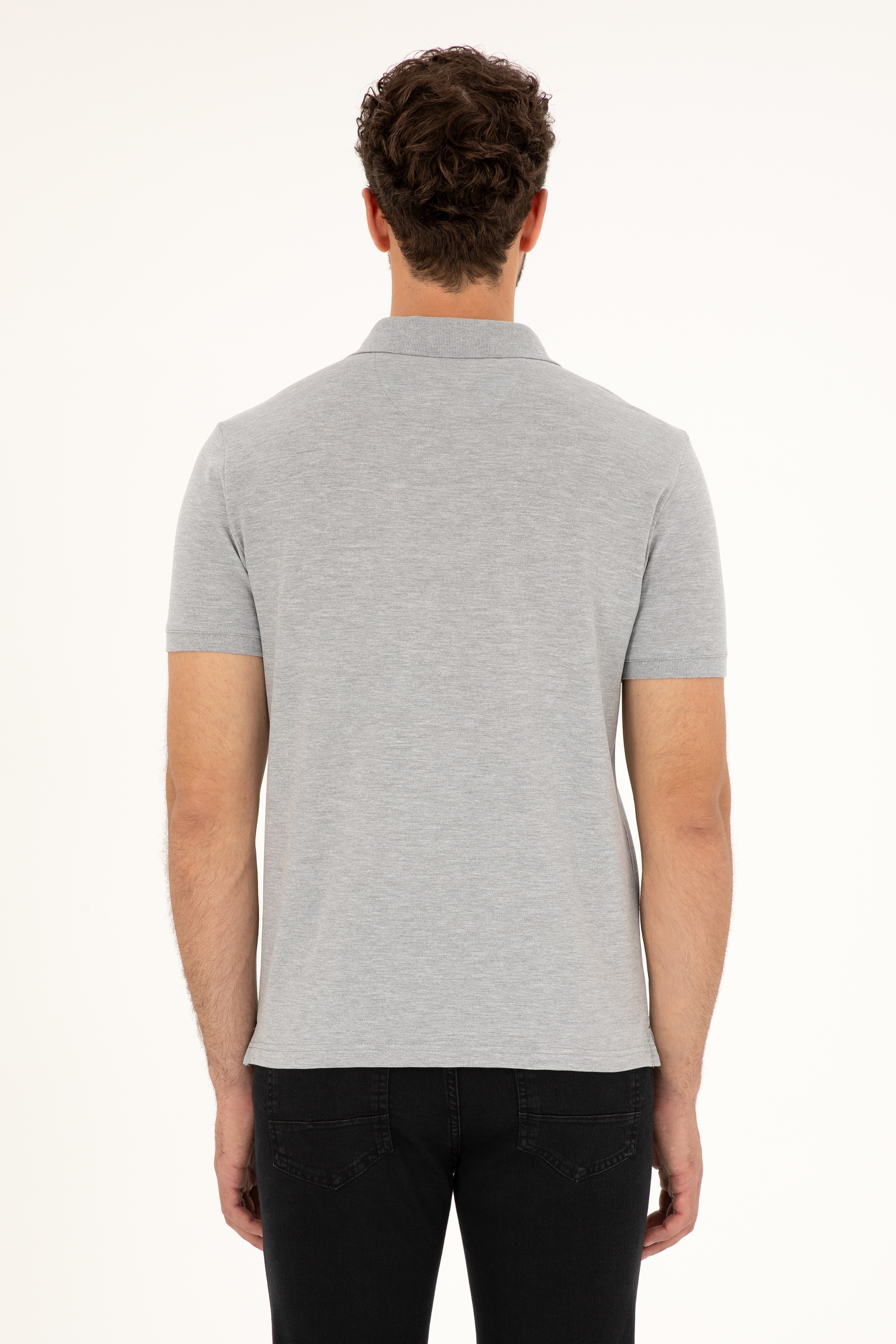 Erkek Slim Fit Polo Yaka Gri Melanj Basic Tişört - Image 5