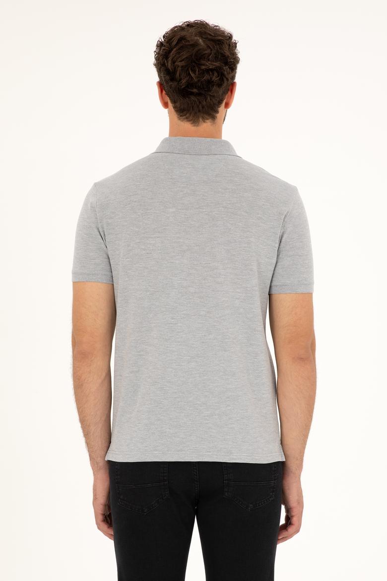 Erkek Slim Fit Polo Yaka Gri Melanj Basic Tişört - 50279581029