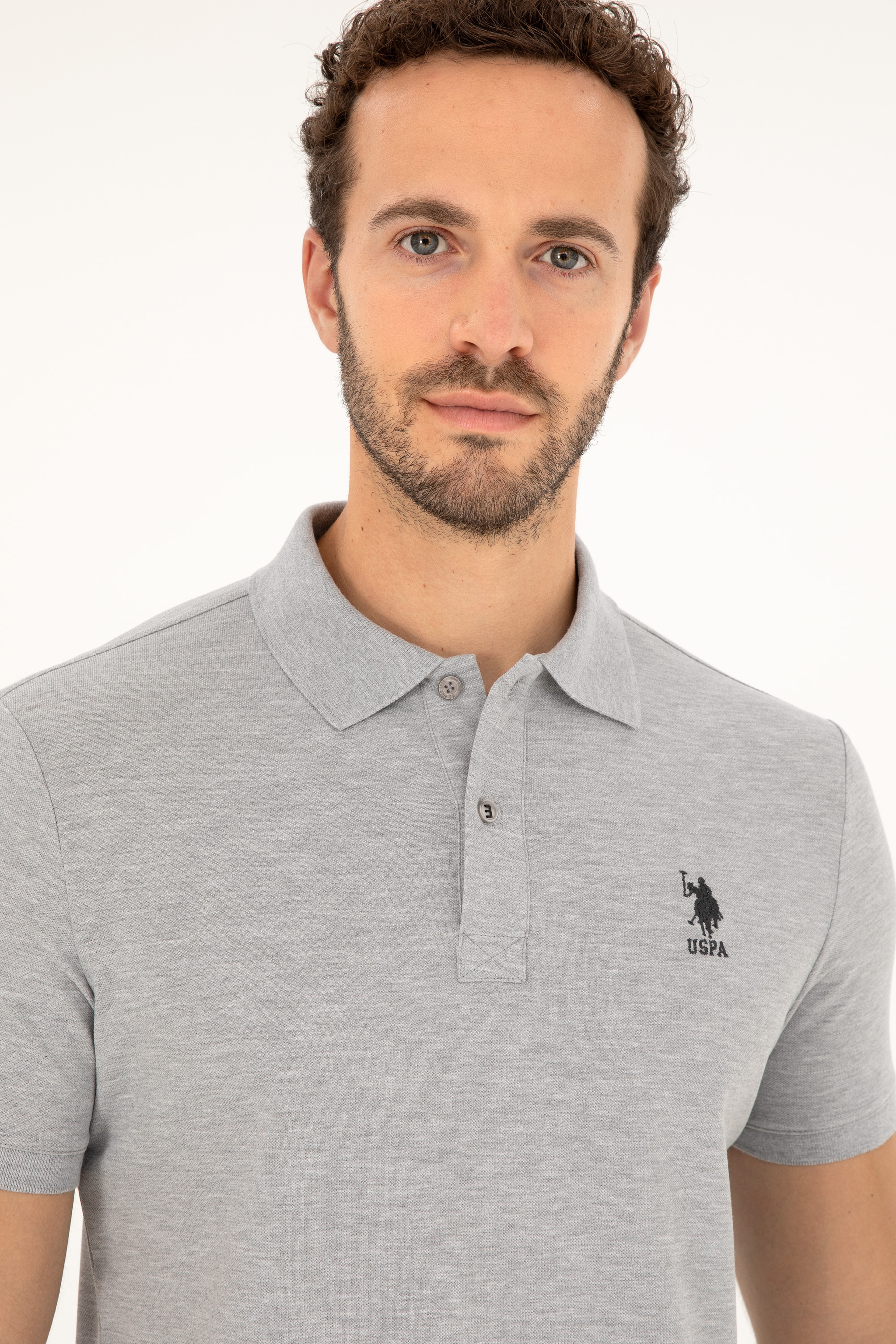 Erkek Slim Fit Polo Yaka Gri Melanj Basic Tişört