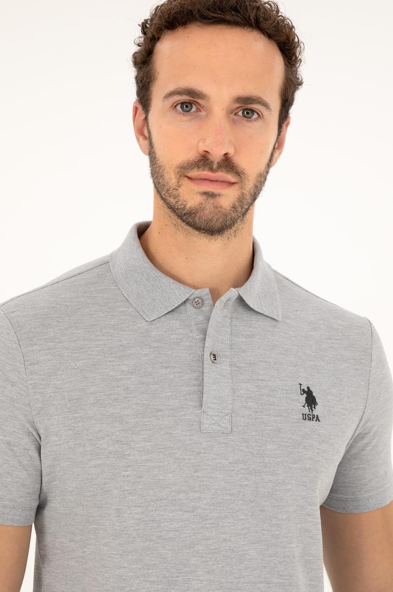 Erkek Slim Fit Polo Yaka Gri Melanj Basic Tişört