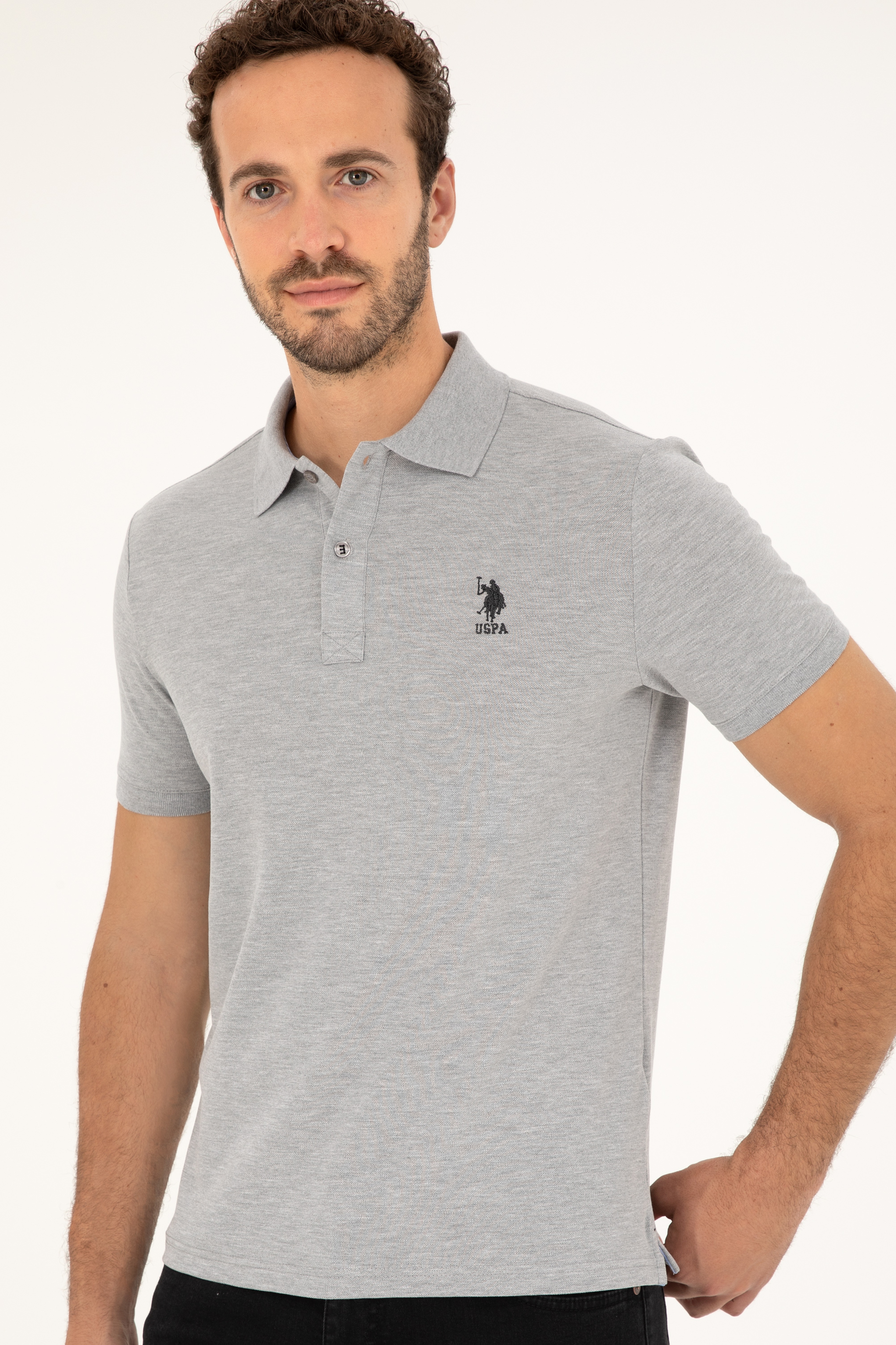 Erkek Slim Fit Polo Yaka Gri Melanj Basic Tişört