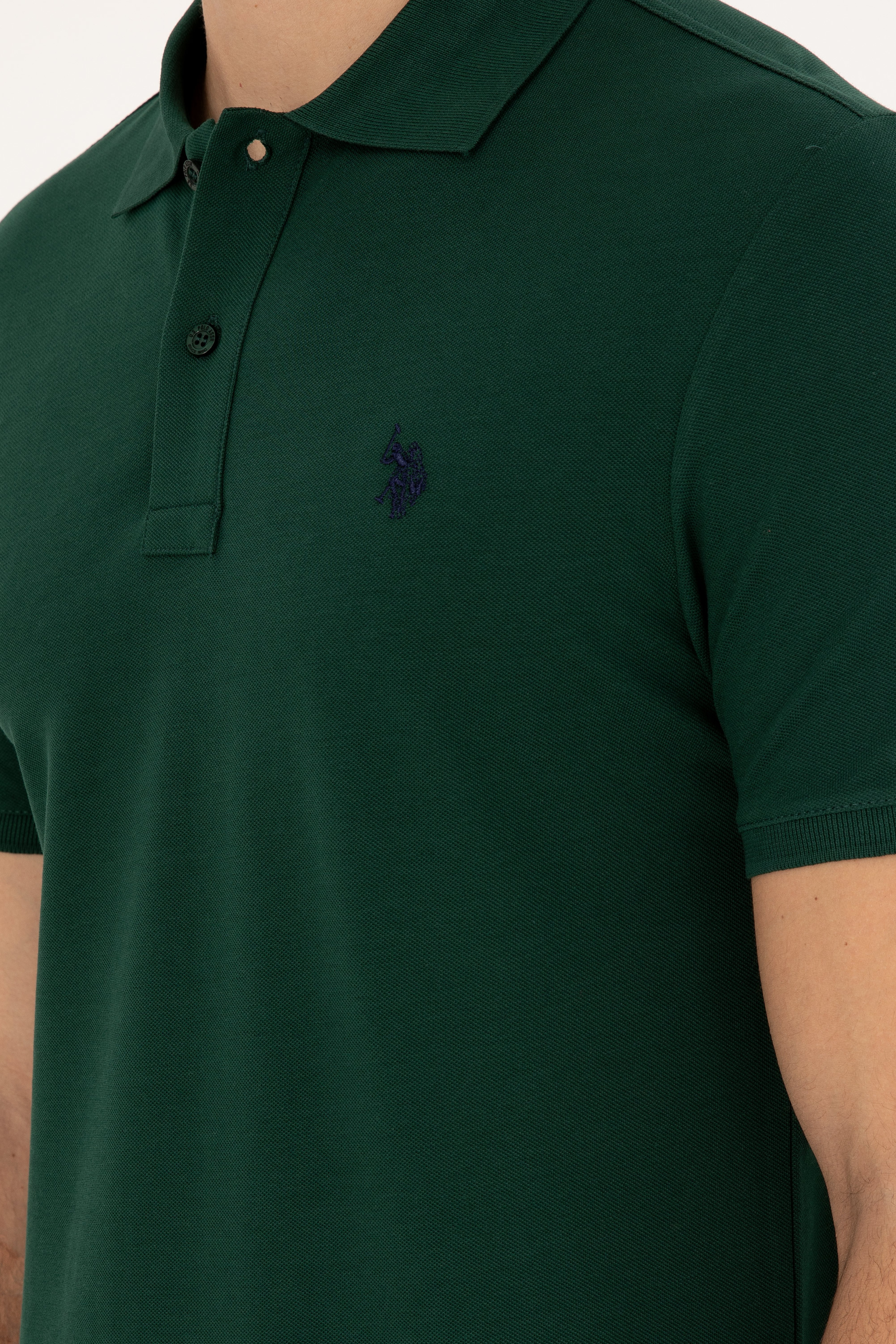 Erkek Slim Fit Polo Yaka Koyu Yeşil Basic Tişört - Image 7