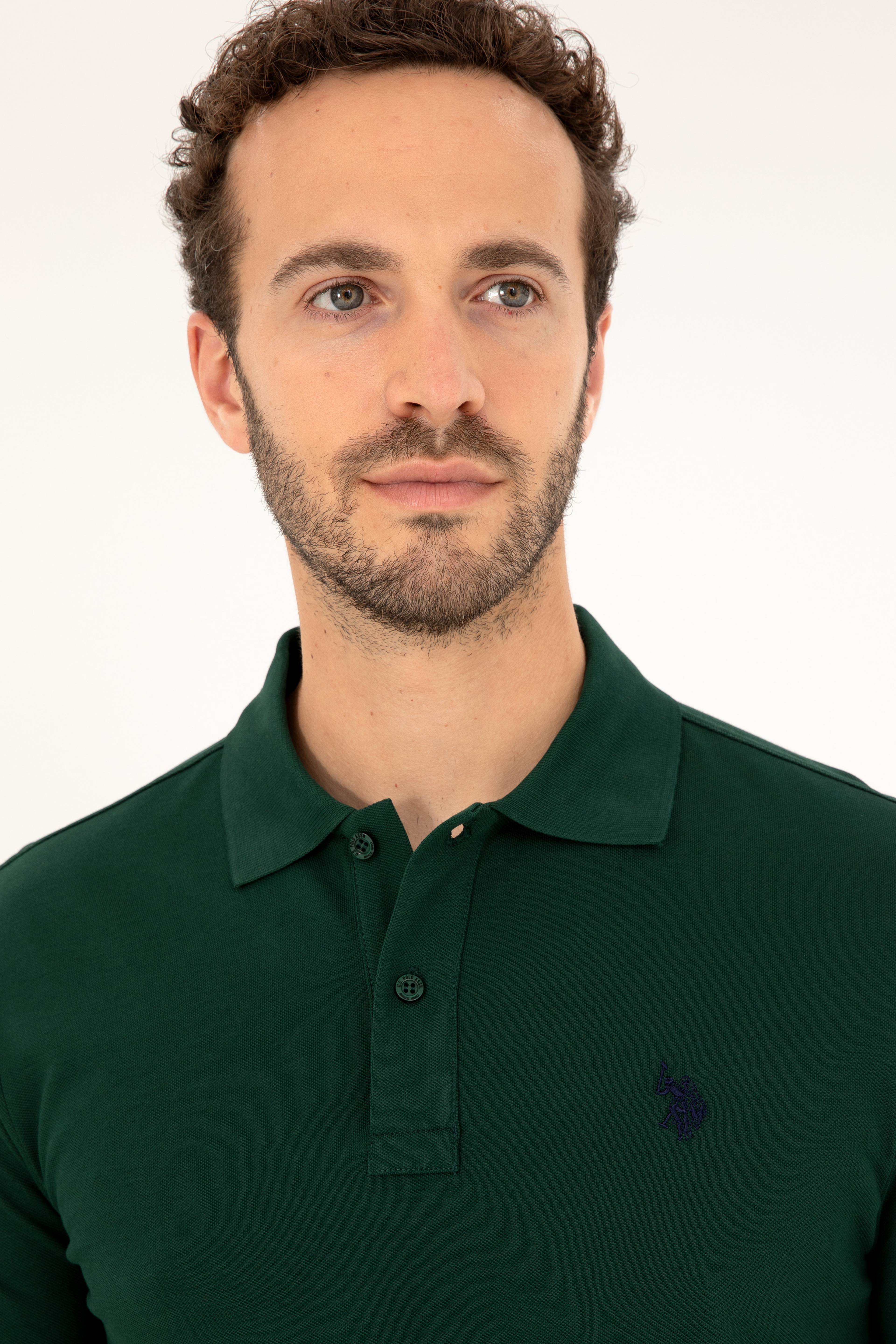 Erkek Slim Fit Polo Yaka Koyu Yeşil Basic Tişört - Image 2